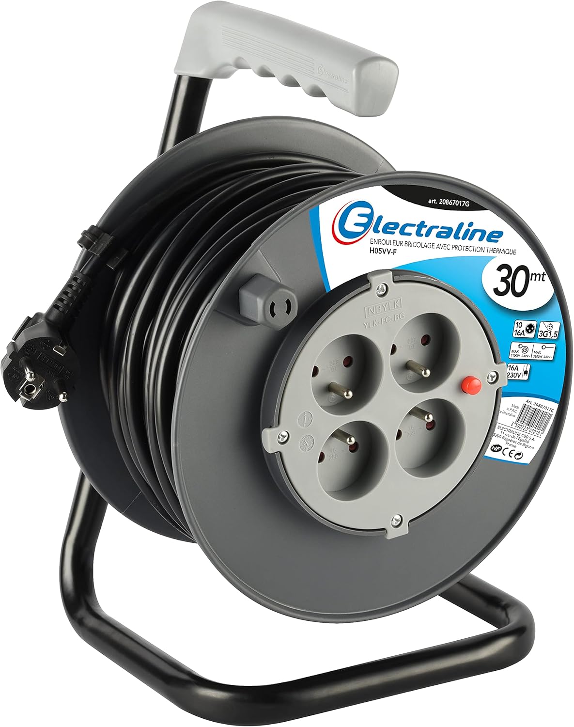 Electraline Prolunga Elettrica 30m con Avvolgitore 4 Prese