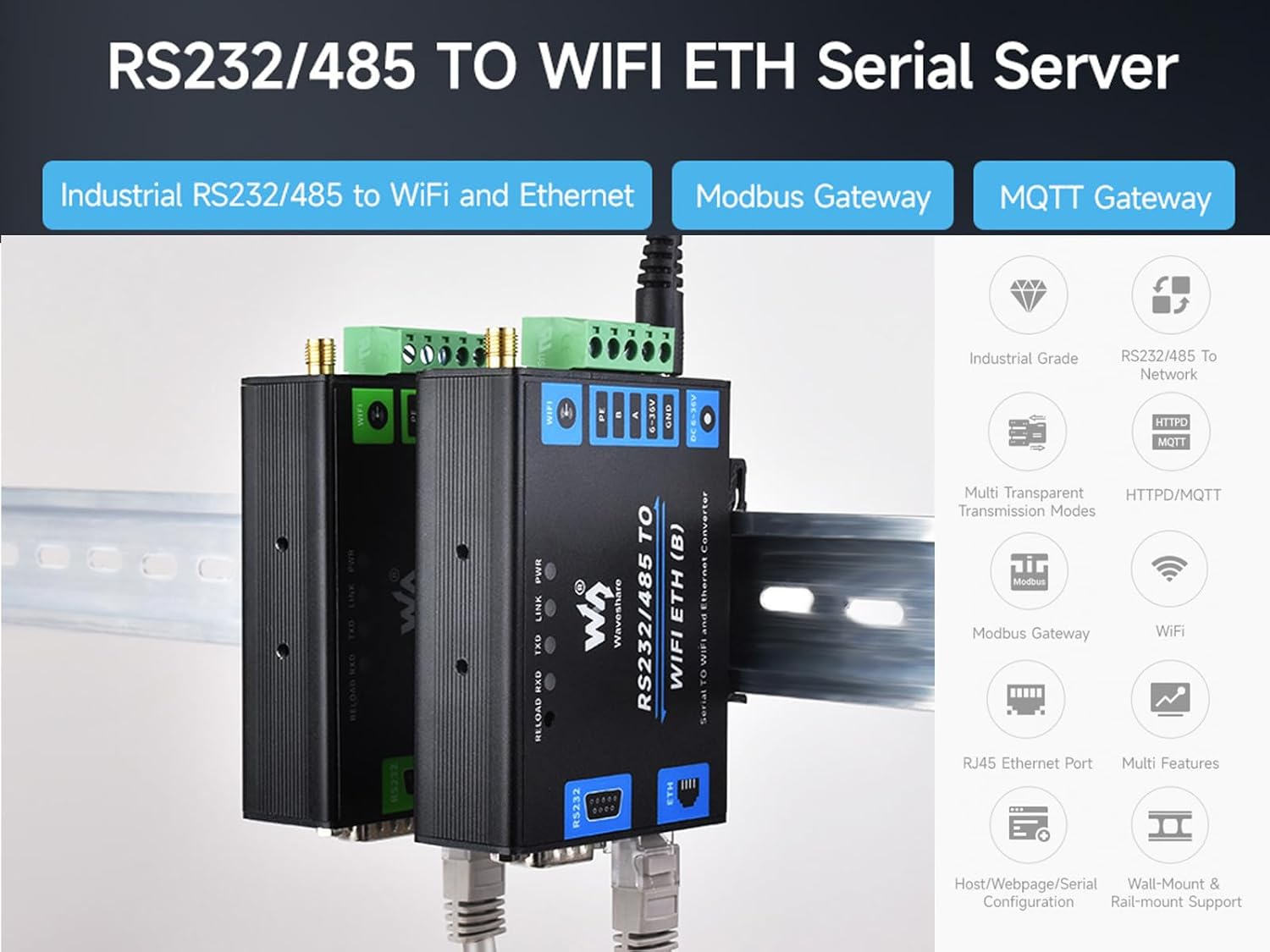 Convertitore RS232/485 a WiFi Ethernet Server Seriale, Modbus Gateway, MQTT Gateway, Supporto Seriale a WIFI, Seriale a Ethernet, Ethernet a WIFI ecc. Alimentazione DC 6~36V - immagine 2