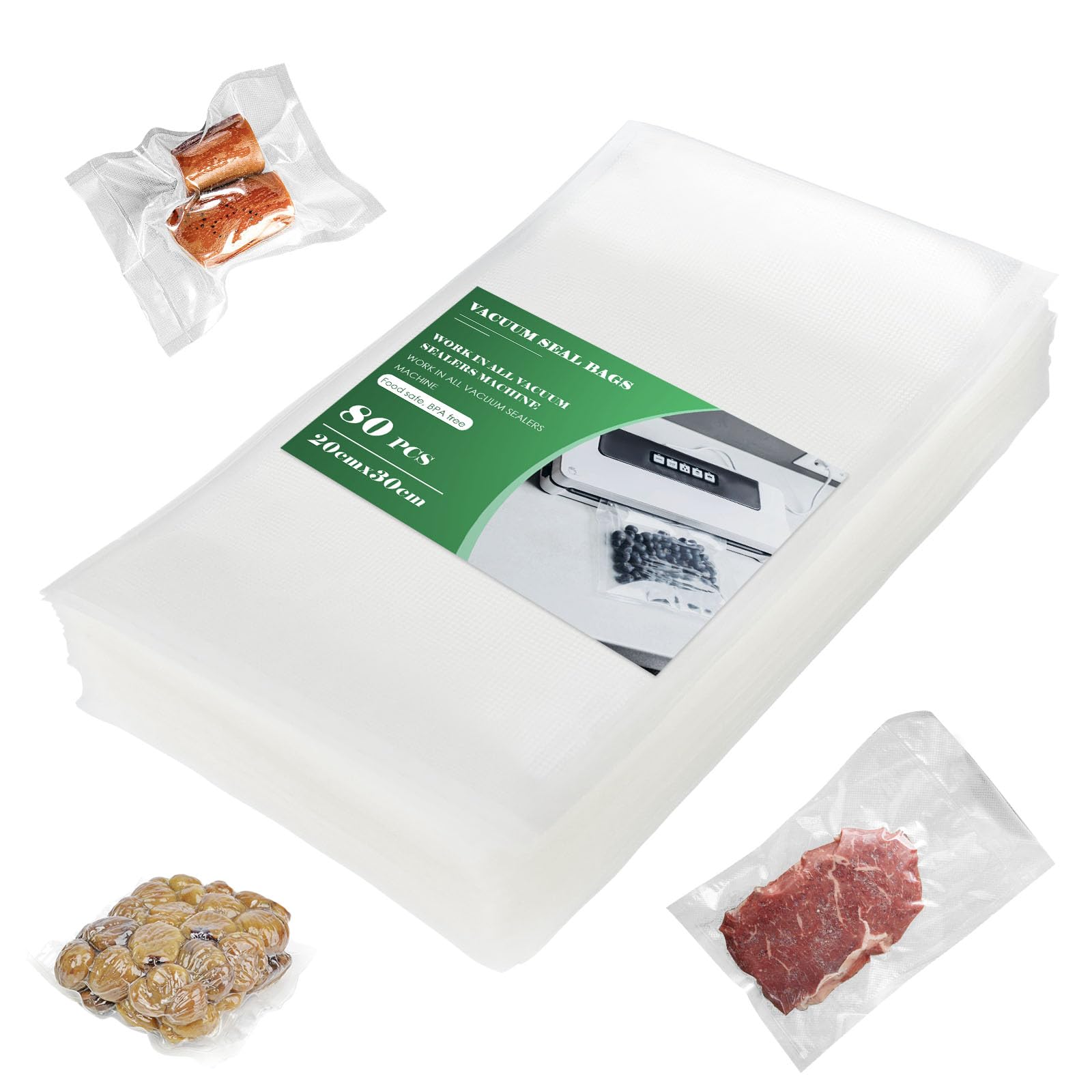 Fousenuk Sacchetti Sottovuoto Alimenti, 80 Buste 20cm × 30cm Professionale per Tutte le Macchine Sott, Testurizzato di Grado Commerciale per Cottura