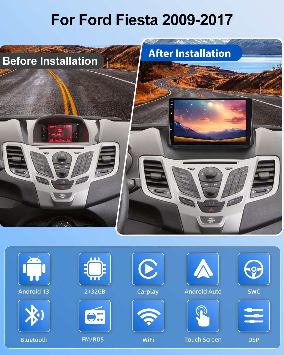 NHOPEEW Radio Android 9 Pollici per Ford Fiesta 2009-2017 - immagine 2