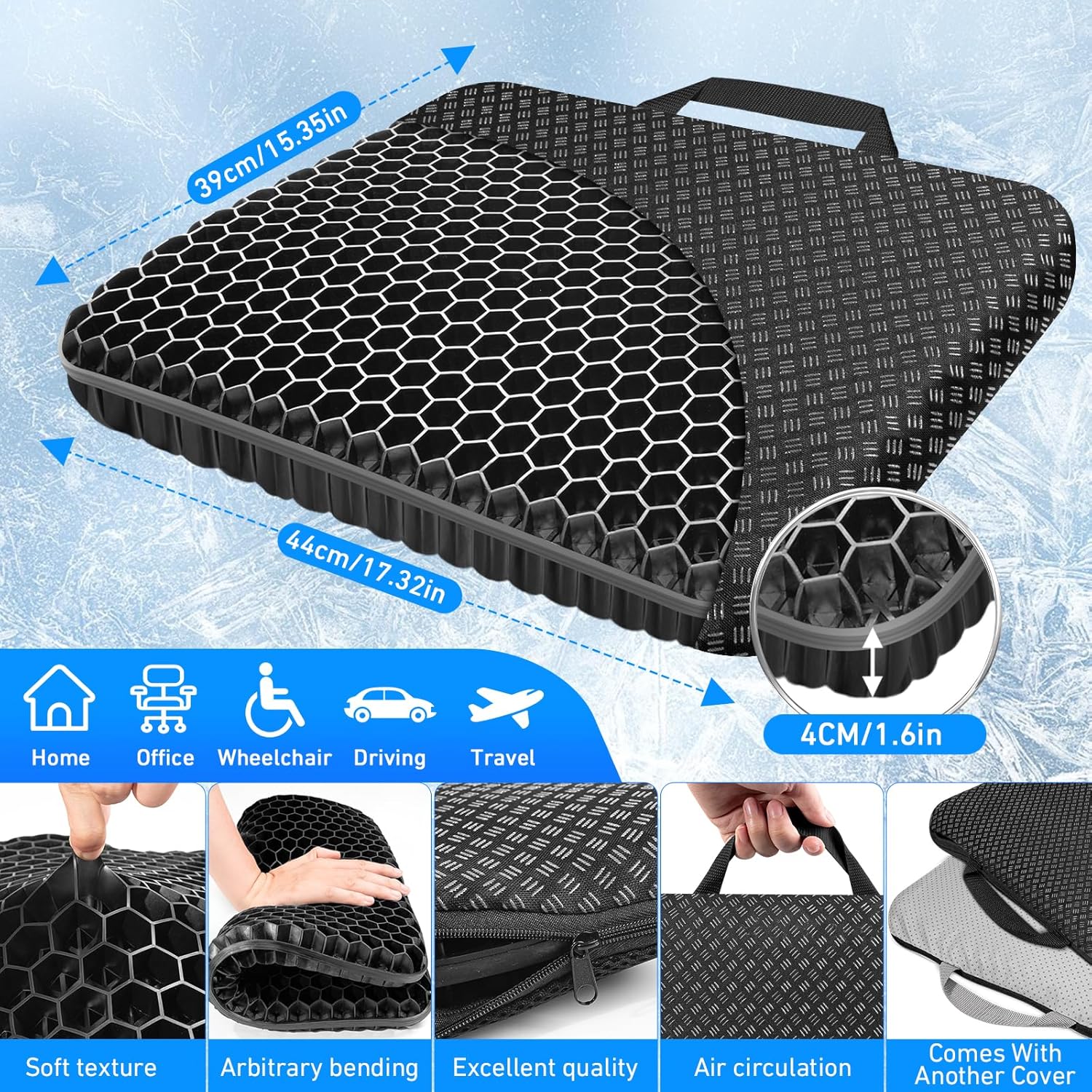 Vmingo Cuscino Gel Per Sedia Antidecubito, Nero - immagine 2