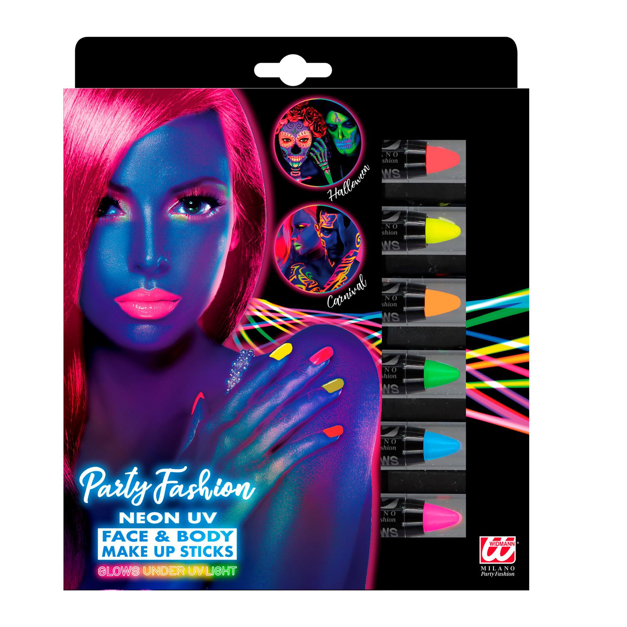 W WIDMANN MILANO Party Fashion 09602 - Set di 6 matite trucco neon, colore fluorescente, neon party, colori per pittura viso e corpo