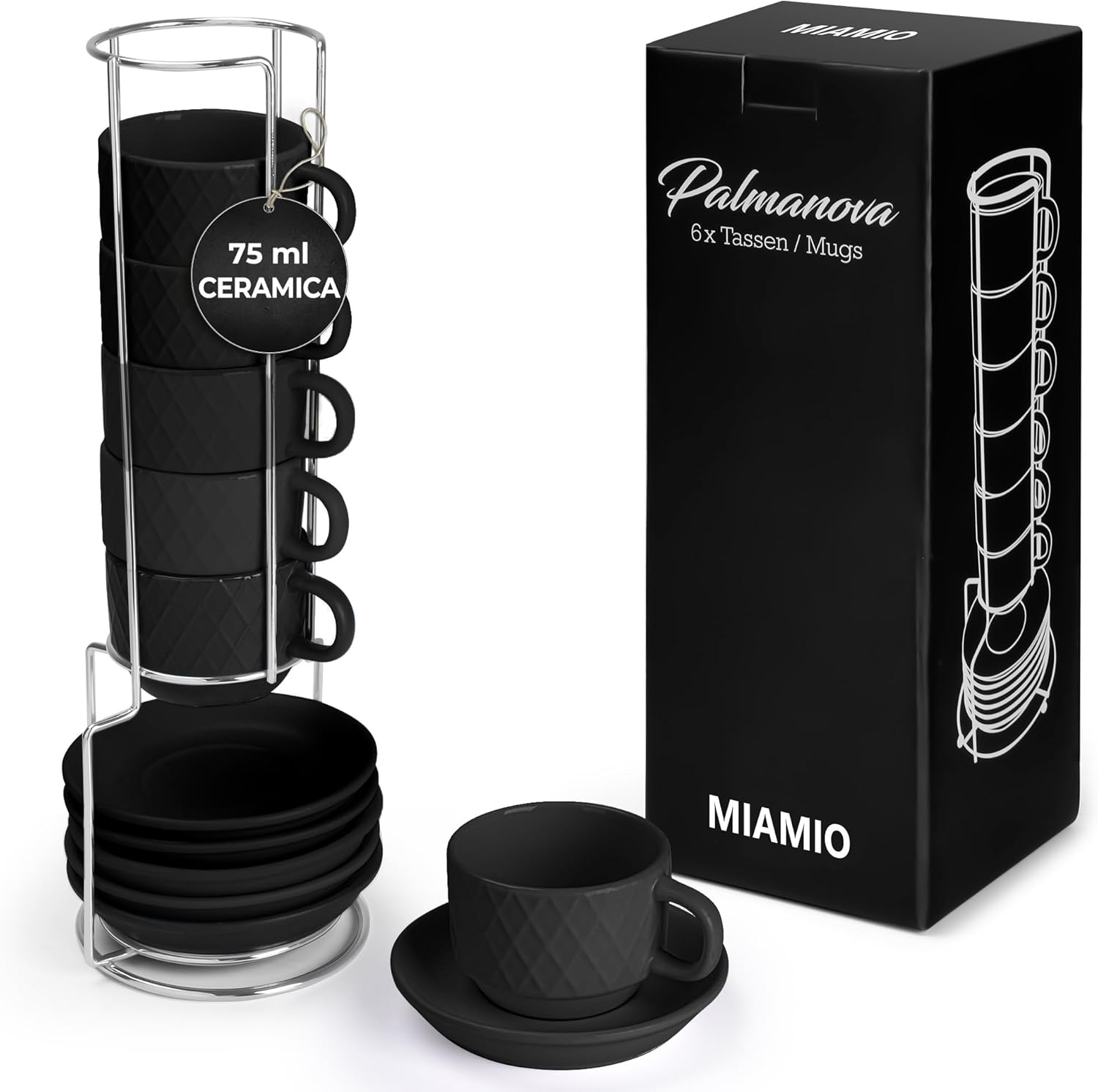 Miamio - Set 6 Tazze Caffè Espresso in Ceramica 75ml, Nero