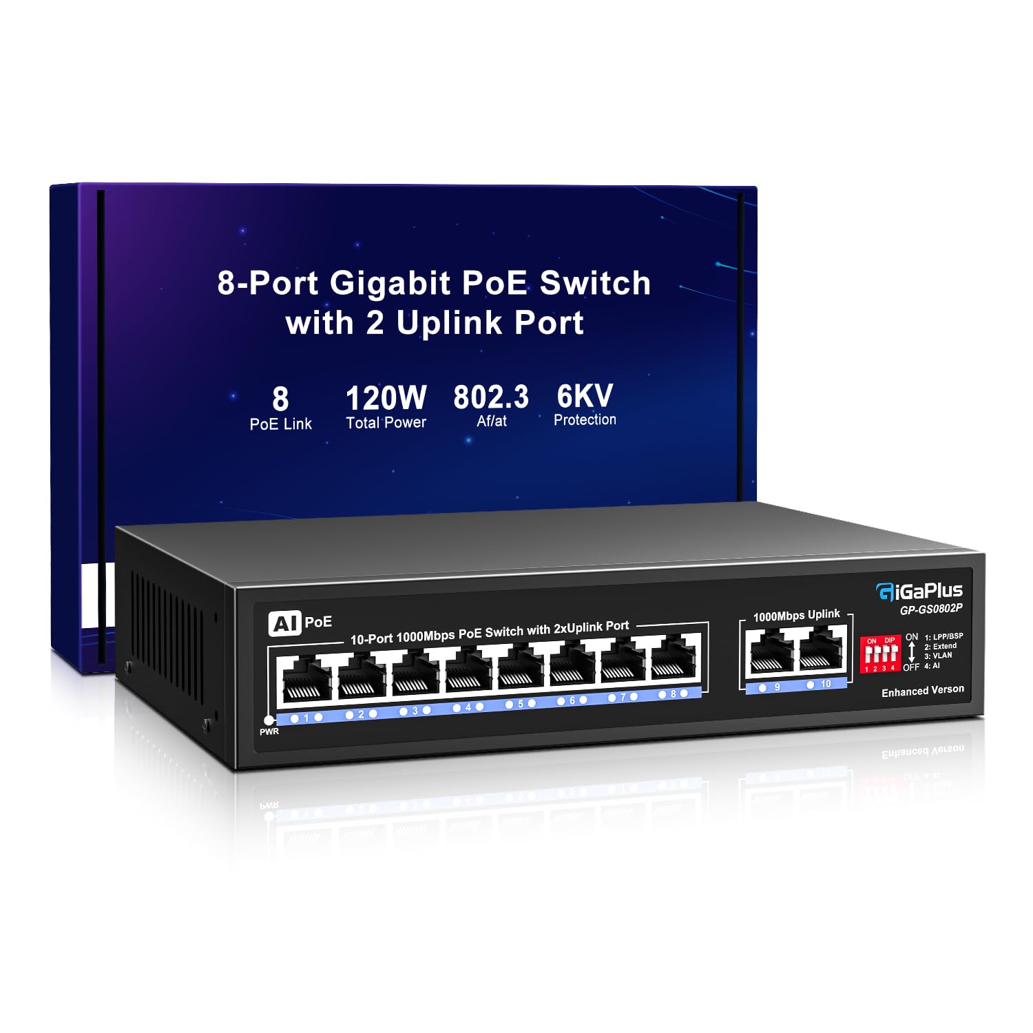 Gigaplus Switch PoE Gigabit 10 Porte (8 PoE+ 72W)