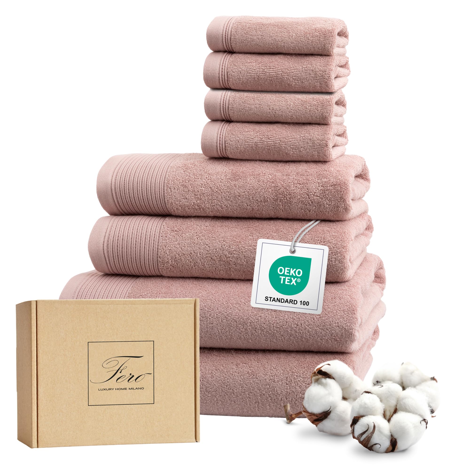Ferò Set Asciugamani Bagno Lusso 8 Pezzi, Rosa