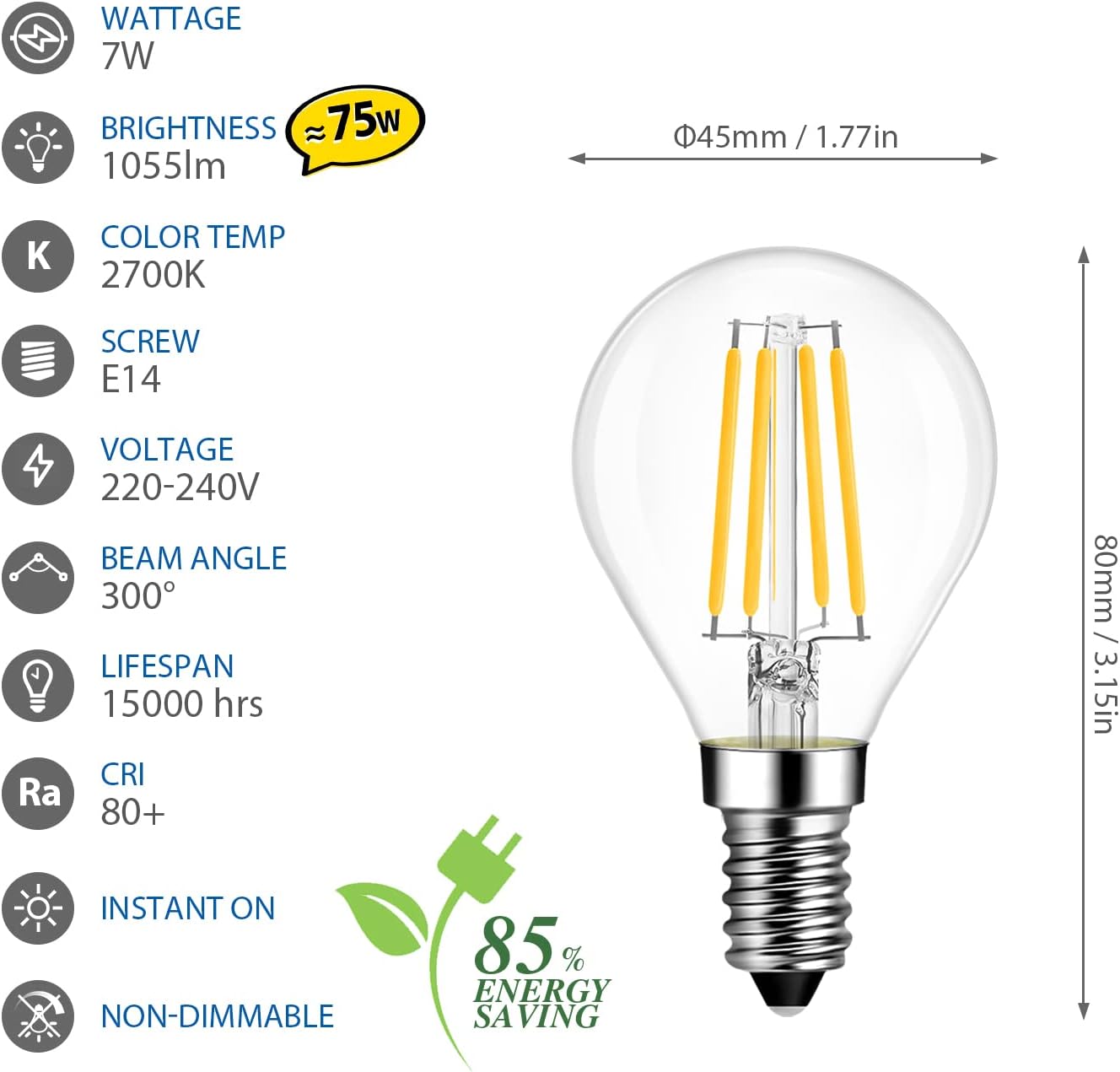 Lvwit Lampadina Filamento LED E14 G45 7W (Pacco da 6) - immagine 2