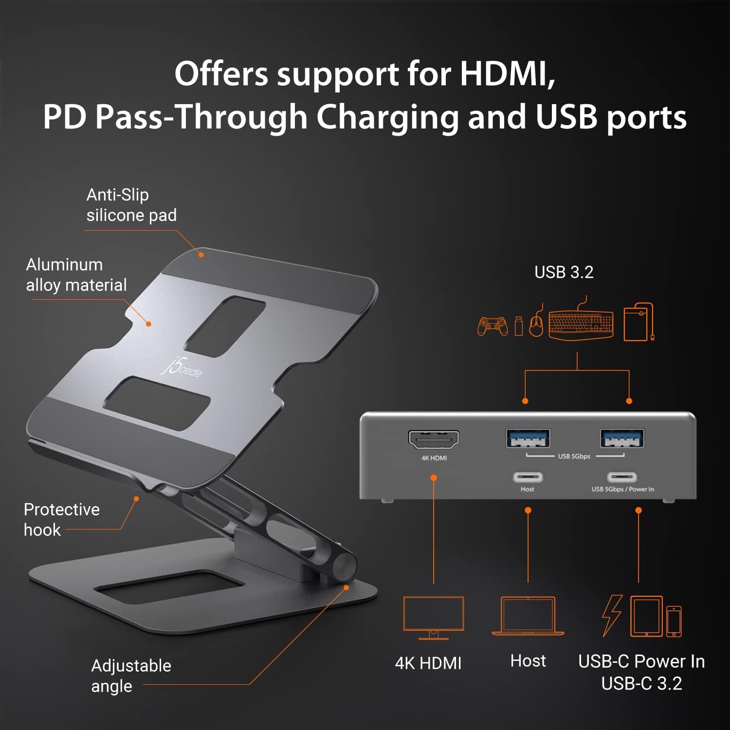 J5create Supporto Laptop con Hub USB-C 4K HDMI - immagine 3