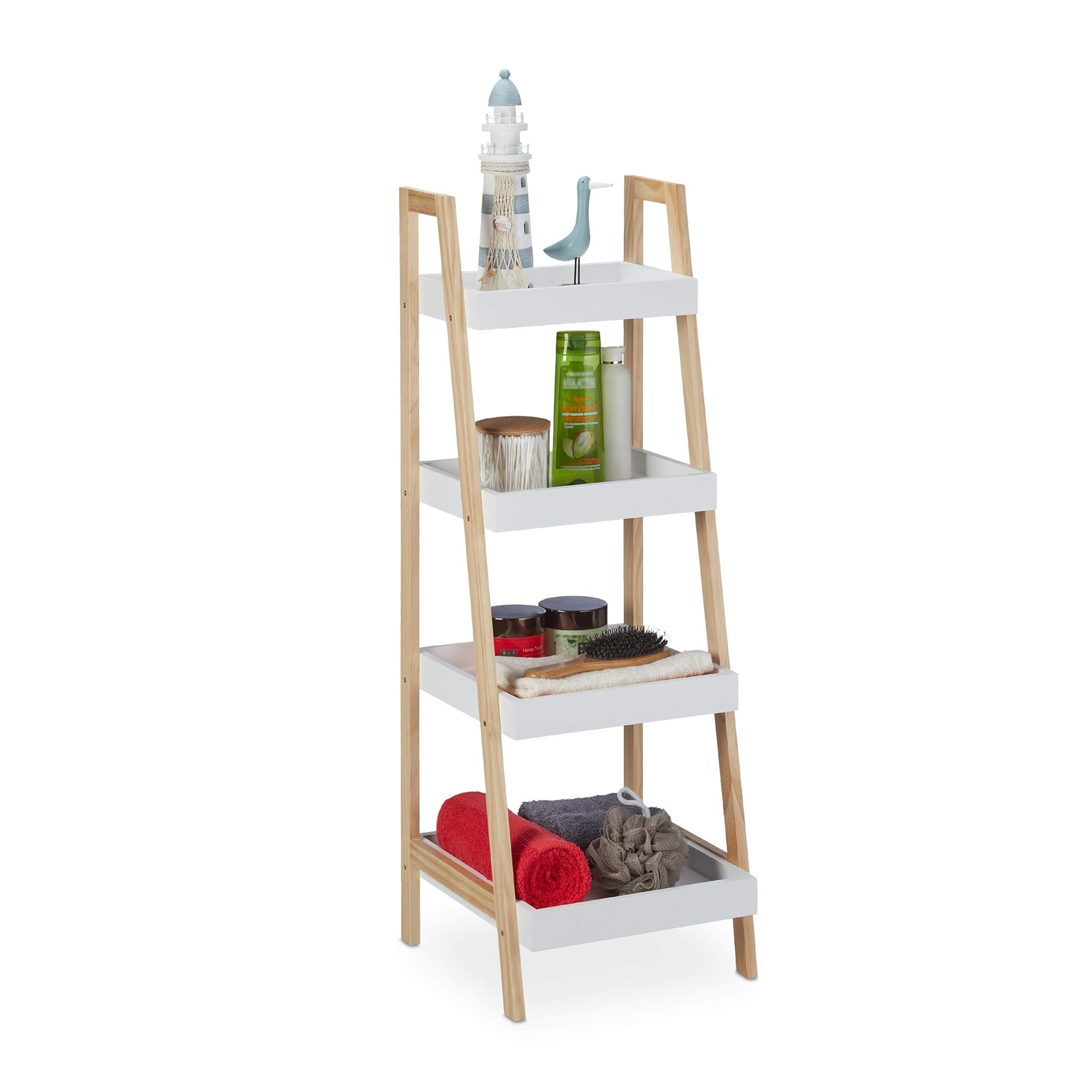 Relaxdays Scaffale da Bagno 4 Ripiani, Bianco/Naturale