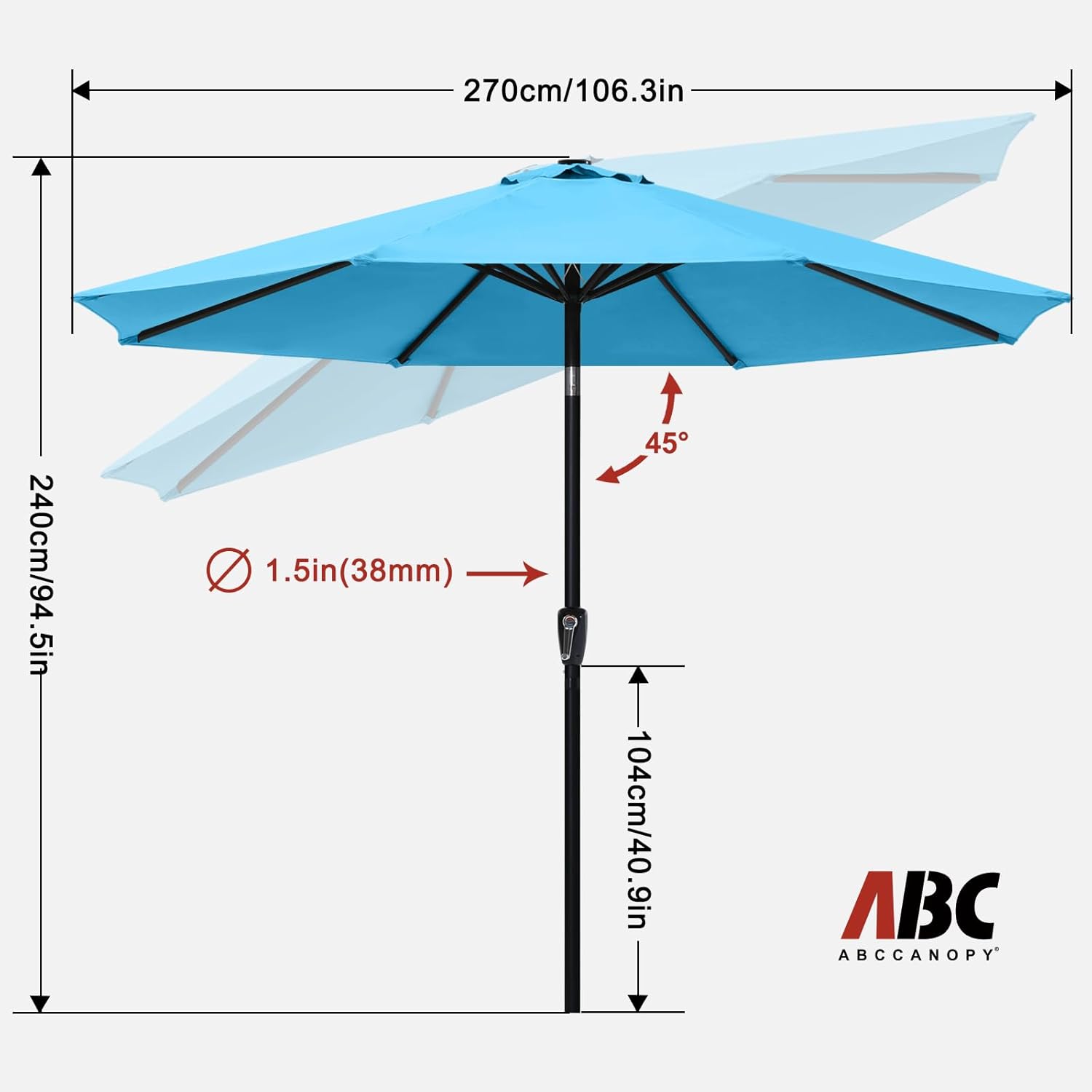 ABCCANOPY Ombrellone da Esterno Idrorepellente 270cm, Turchese - immagine 2