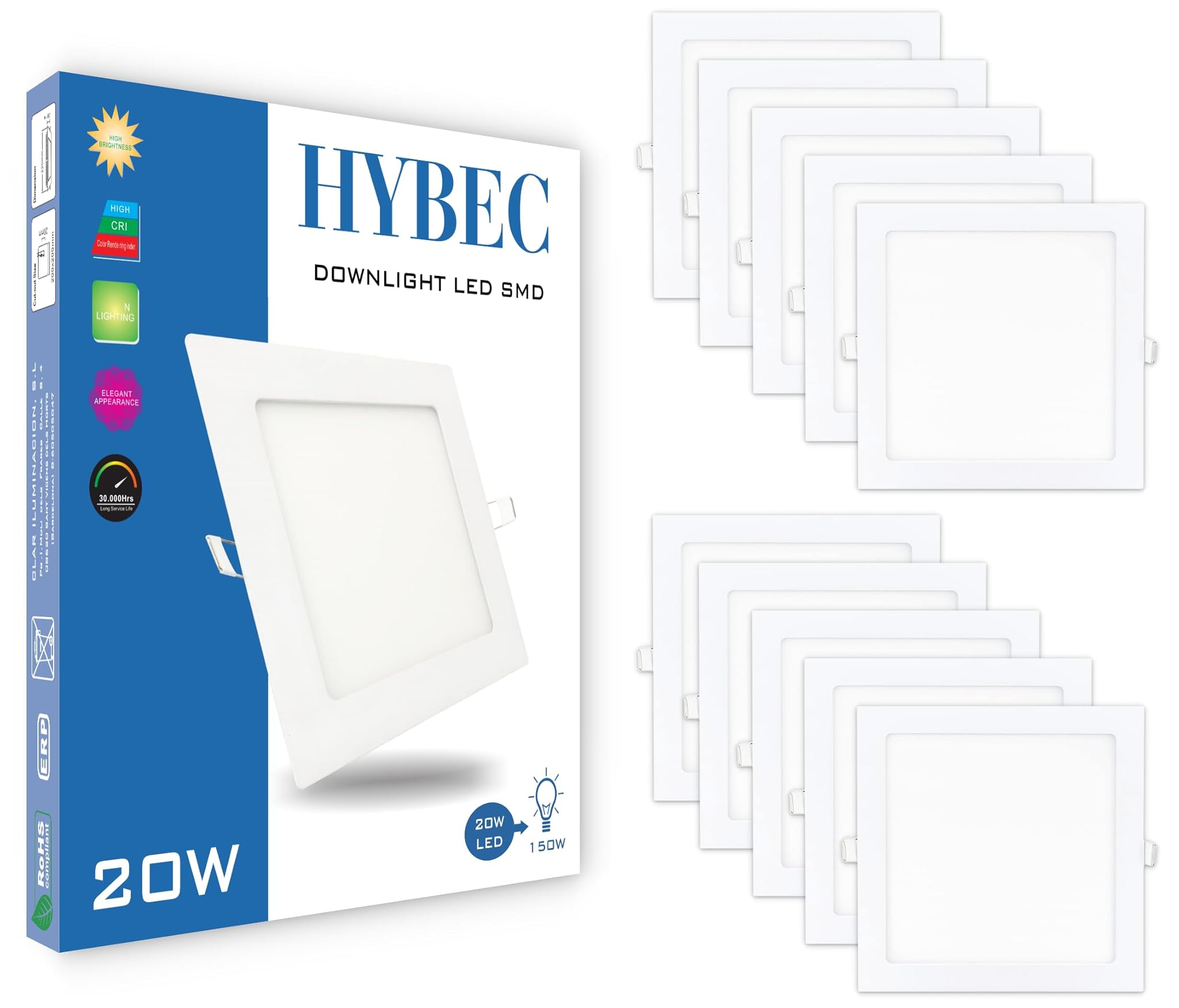 Clar HYBEC - Faretti LED da Incasso 20W 6500K (Pack 10)