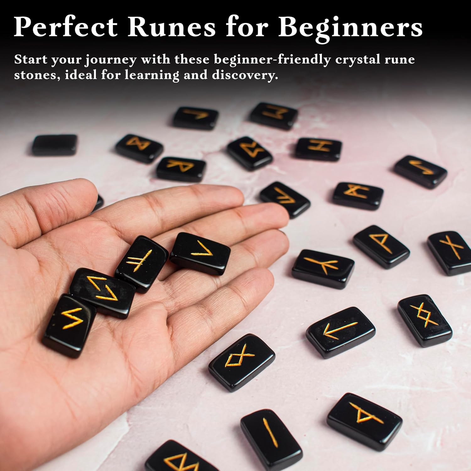Crocon Black agate rectangle shape gemstone runes with Elder Futhark ...