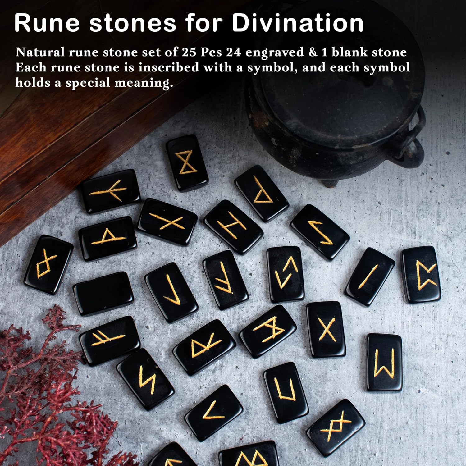 Crocon Black agate rectangle shape gemstone runes with Elder Futhark ...
