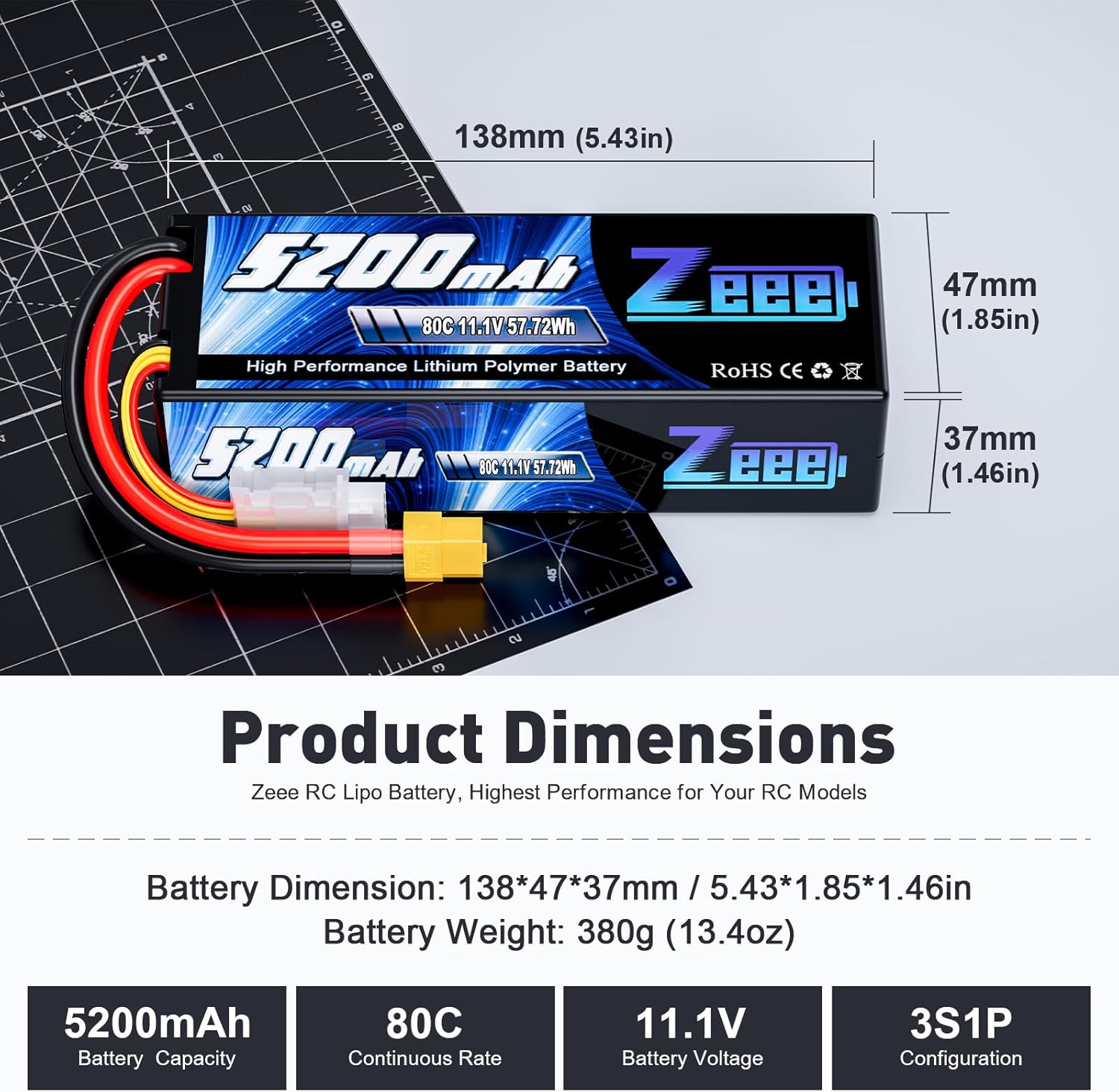 Zeee 3S Lipo Batteria 5200mAh 11.1V 80C (2 pezzi) - immagine 2