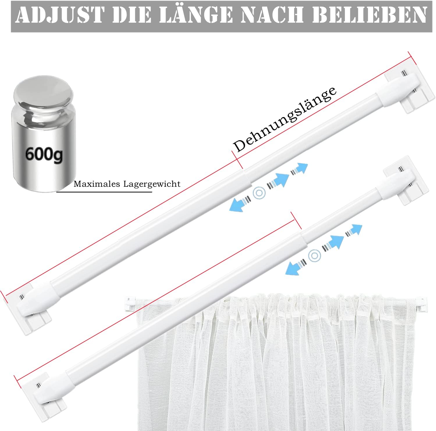 2 Pezzi Asta per Tende Regolabile 30-50CM, Bianco - immagine 2