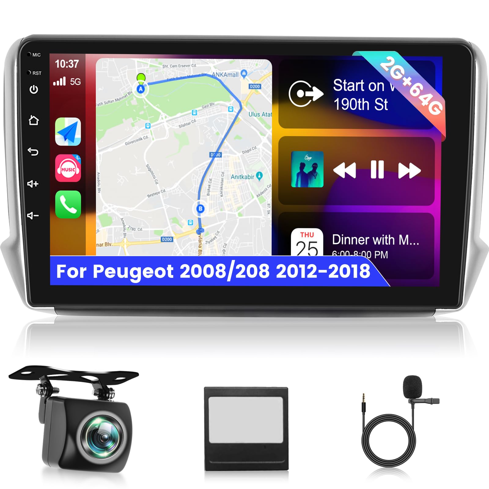Nhopeew Autoradio Android 10.1" per Peugeot 2008/208