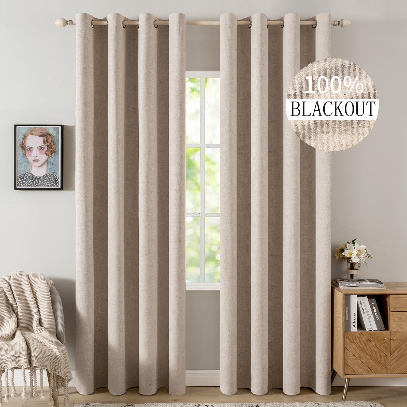 Miulee Tende Oscuranti Effetto Lino 260x140cm, Beige