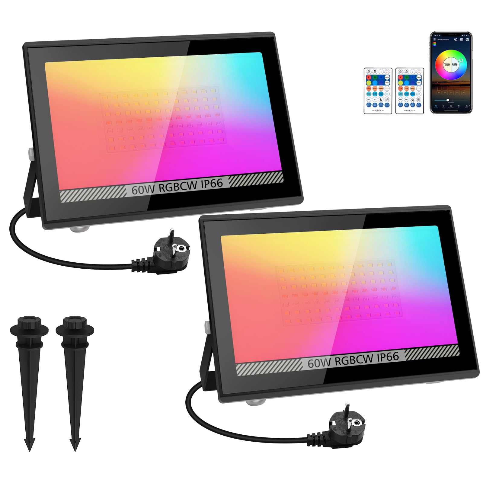 T-sun RGB Faretto LED Esterno 60W 2 Pezzi