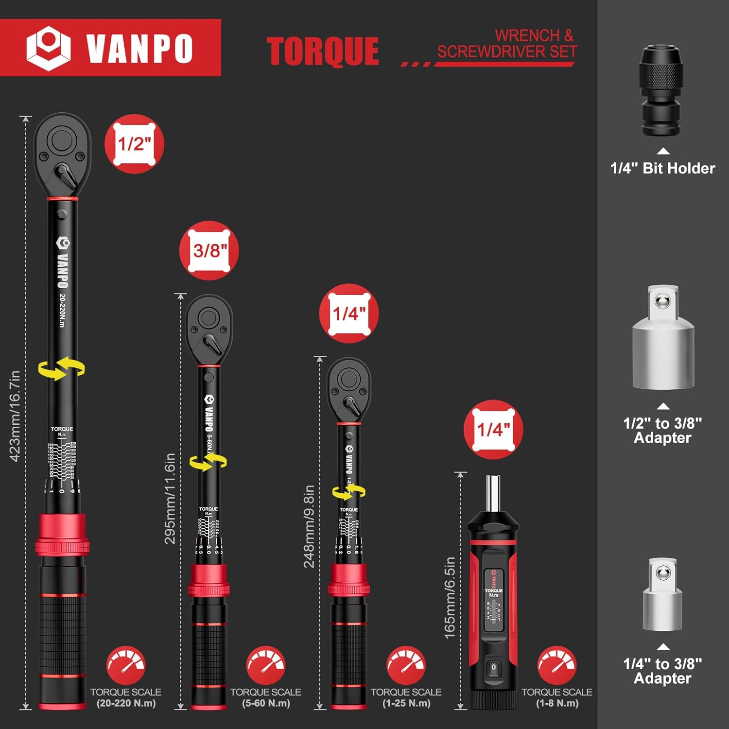 Vanpo Set Chiavi Dinamometriche 1/4, 3/8, 1/2 - immagine 2