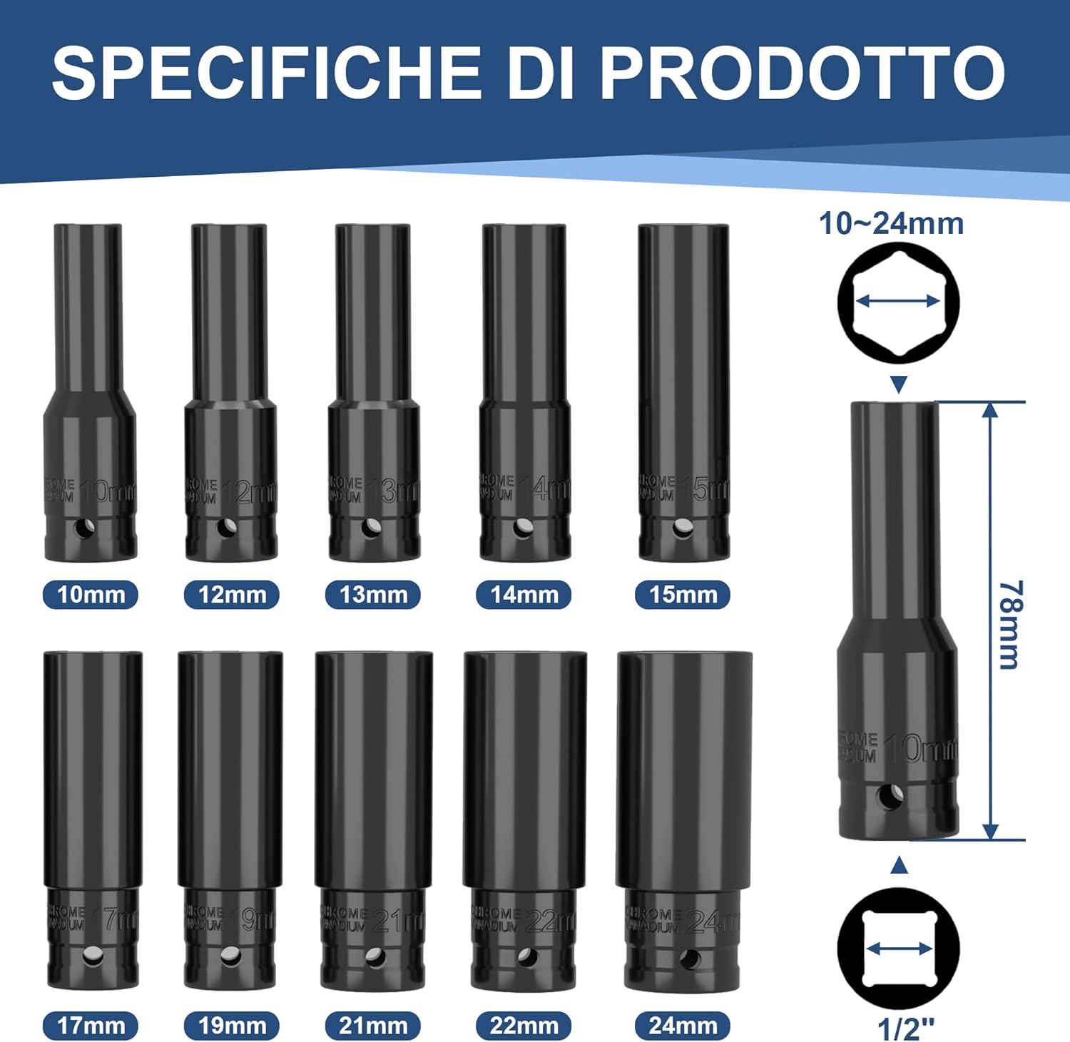 Kezaara 10 Pezzi Chiavi a Bussola Lunghe 1/2" - immagine 2