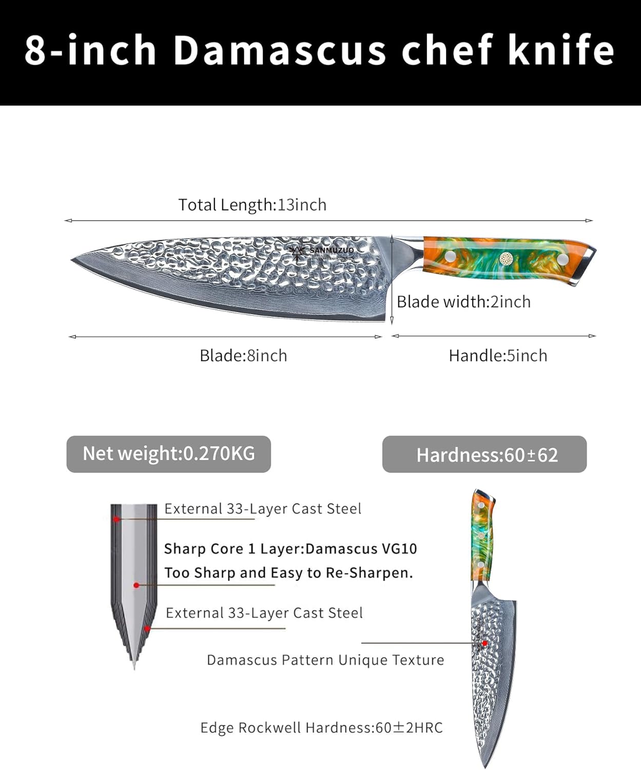 Sanmuzuo Coltello Da Chef Professionale 20 CM - immagine 5