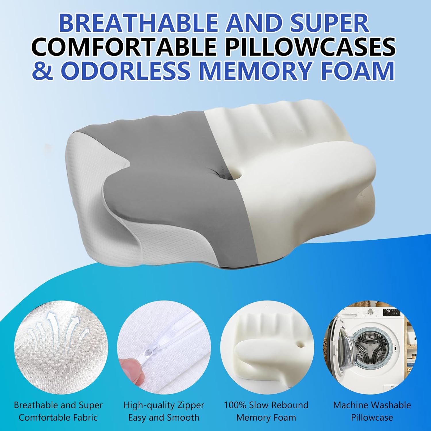 Cuscino Cervicale in Memory Foam 60x41 cm, Light Gray - immagine 3