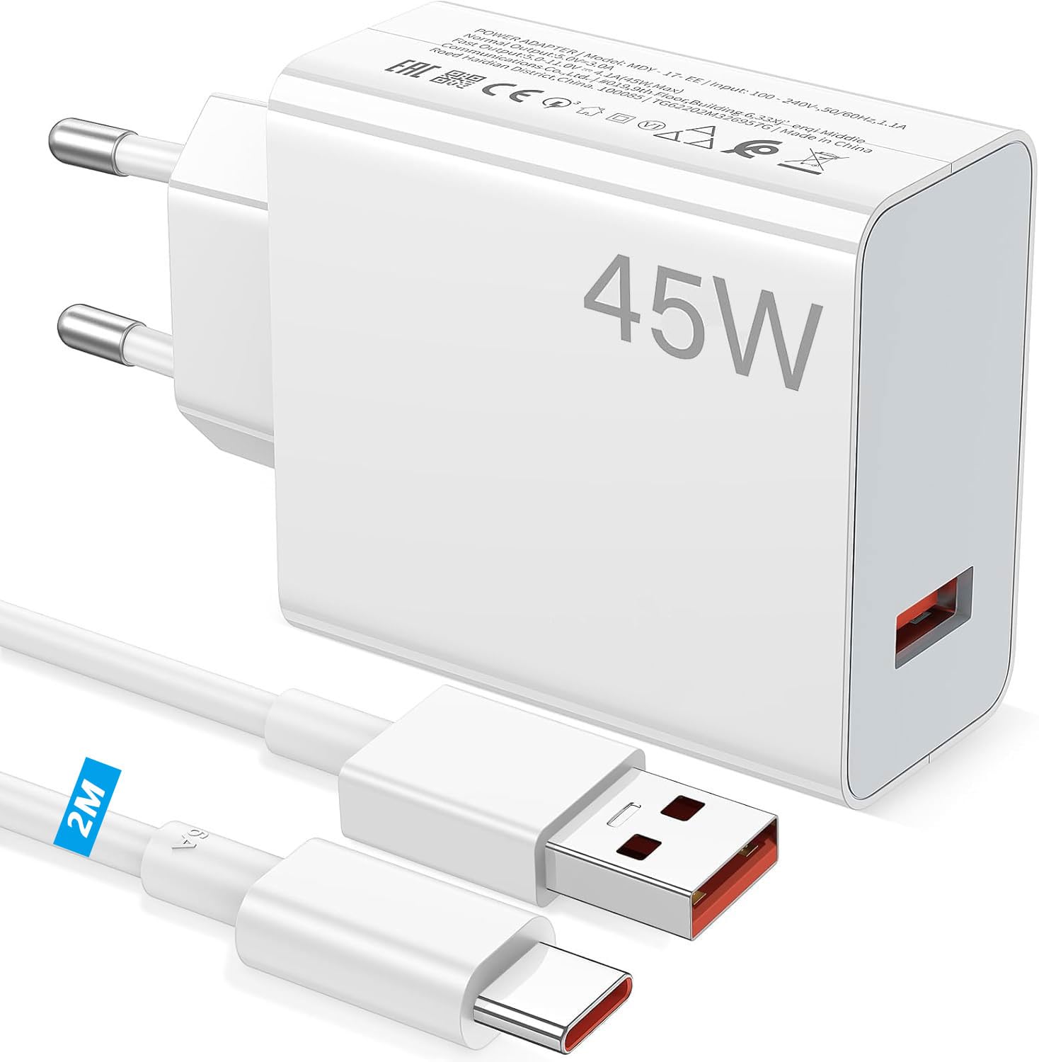 Caricatore USB 45W Rapido con Cavo USB C 2M per Xiaomi Redmi
