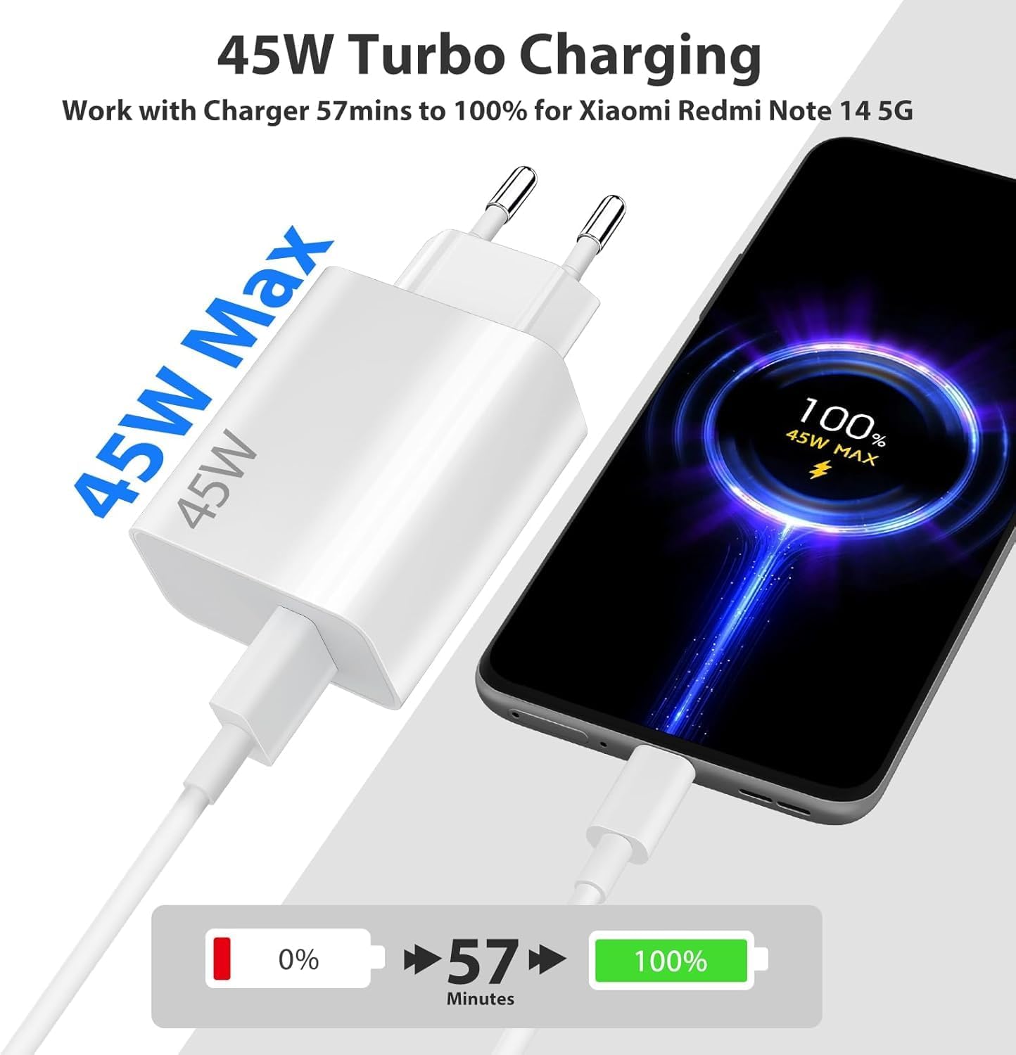 Caricatore USB 45W Rapido con Cavo USB C 2M per Xiaomi Redmi - immagine 2