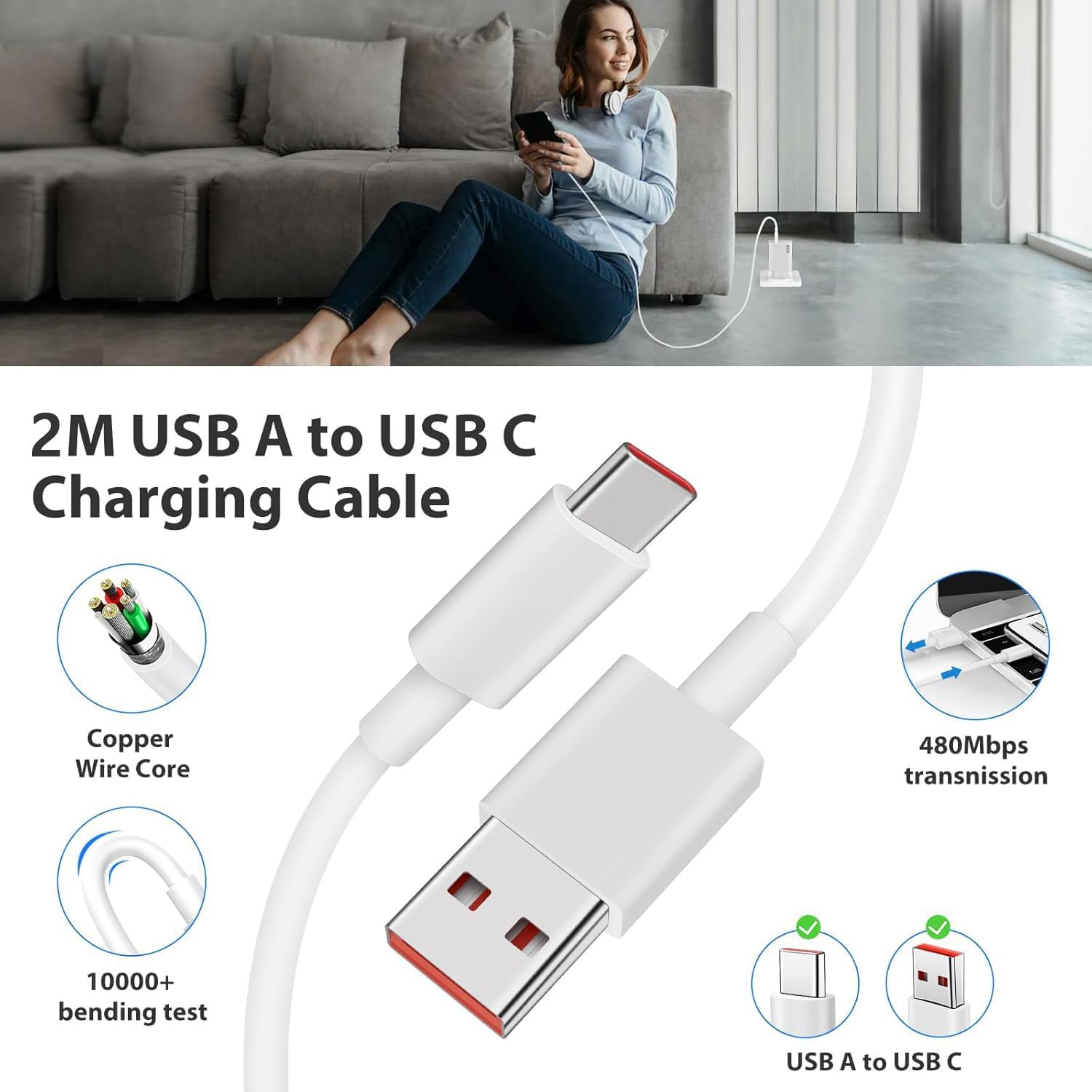 Caricatore USB 45W Rapido con Cavo USB C 2M per Xiaomi Redmi - immagine 4