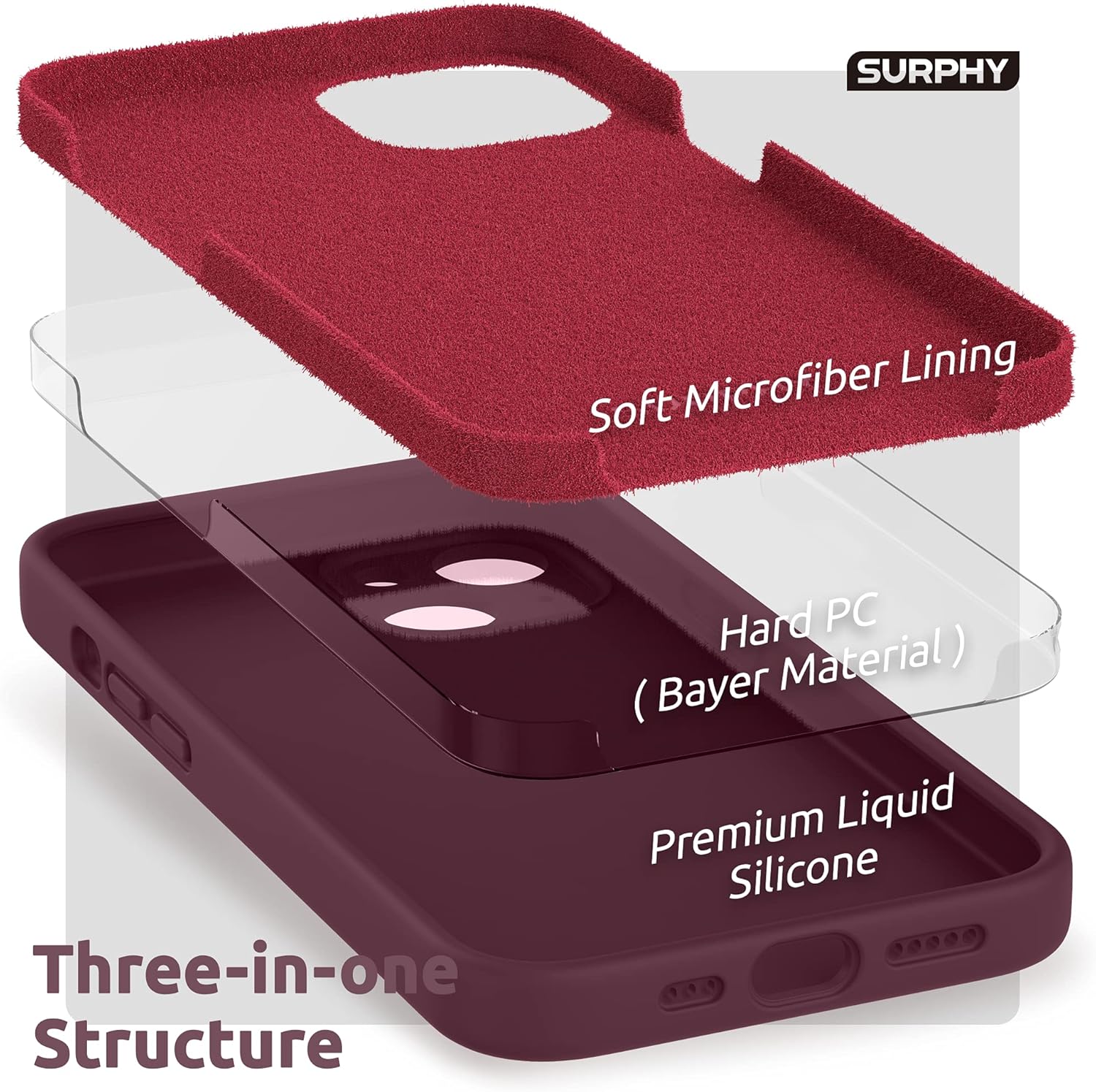 Surphy Cover per iPhone 13 (6,1") con Vetro Temperato, Prugna - immagine 5