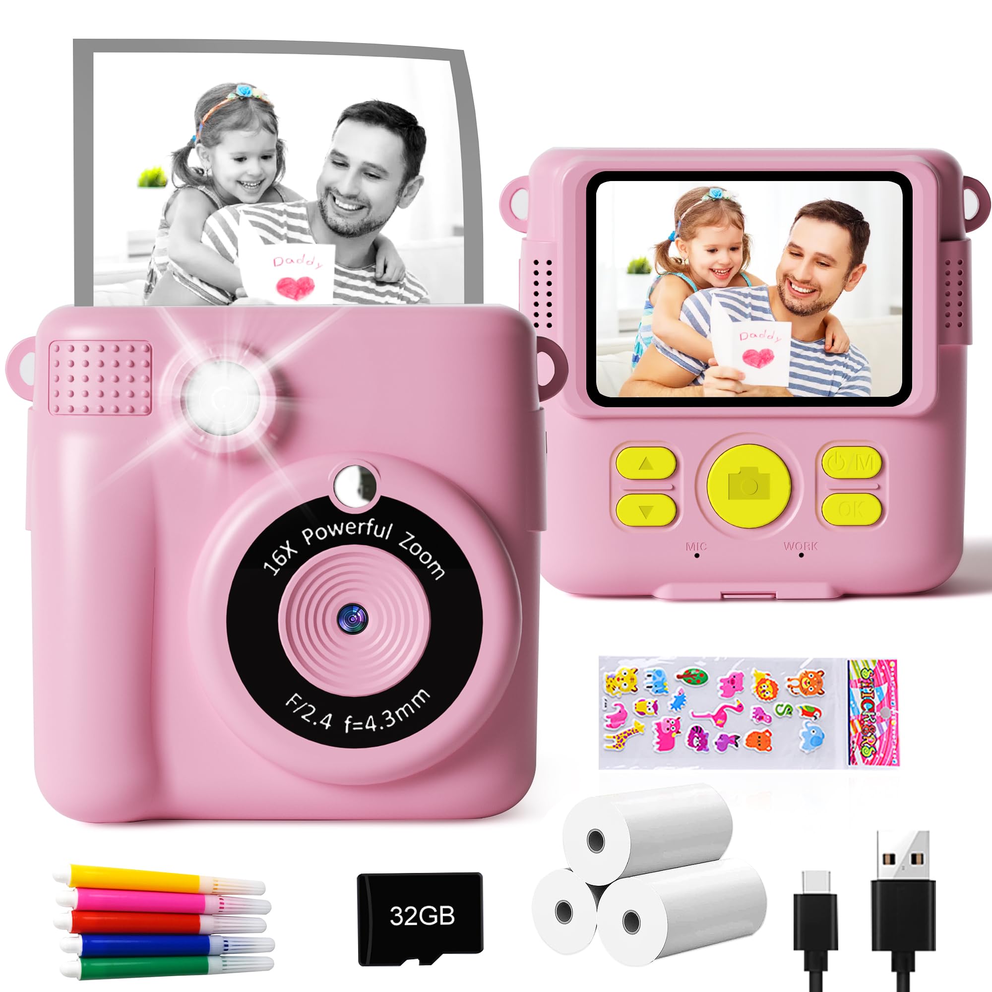 Gktz Macchina Fotografica Bambini Istantanea 1080P HD, Rosa