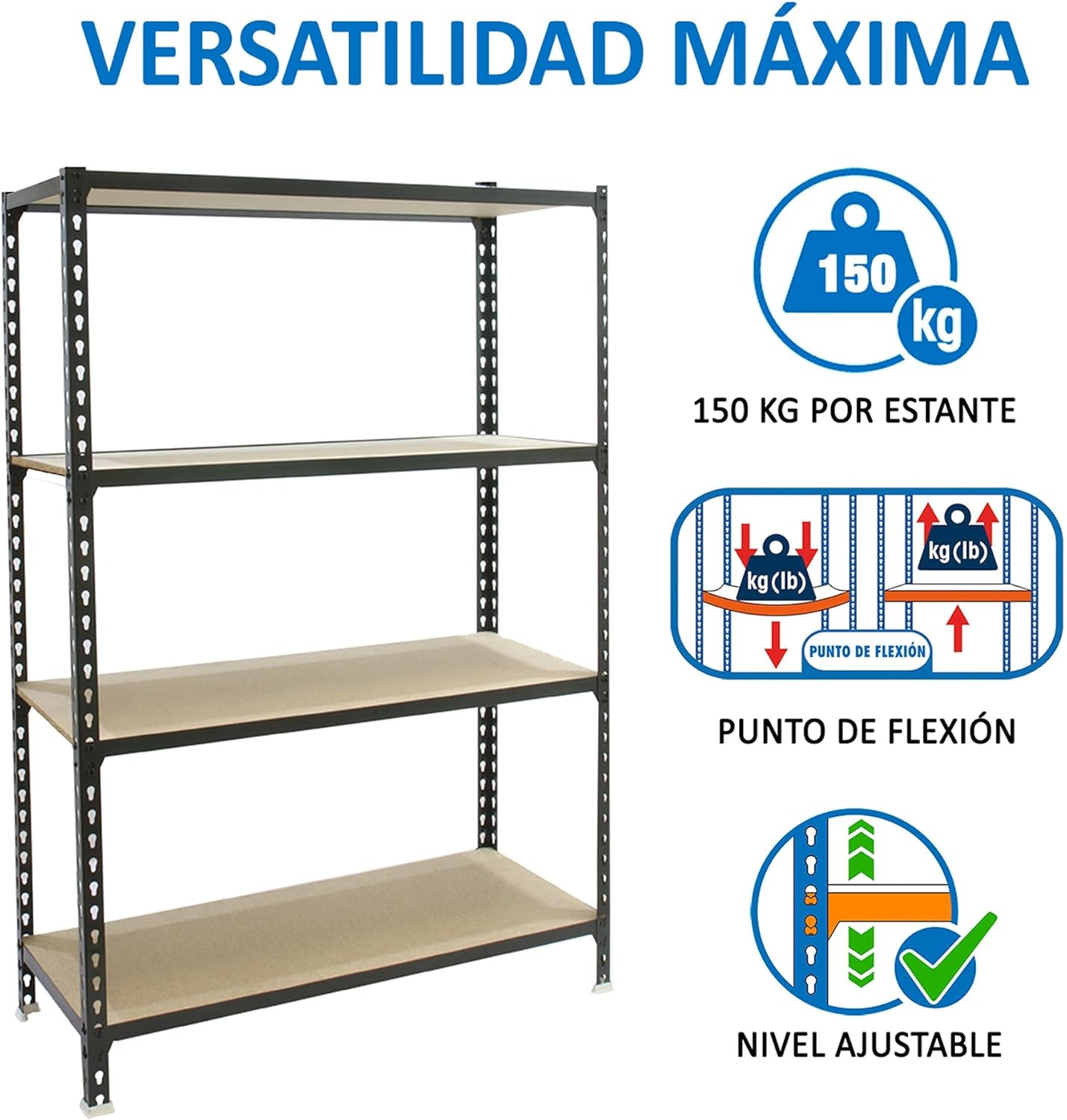 Simon Rack Scaffale Metallo Garage e 4 Ripiani, Capacità di Carico 150 kg e Punto di Flessione, 1500x1000x500 mm, Metallo, Scaffalatura per Garage, Antracite/Legno - Maderclick - immagine 4