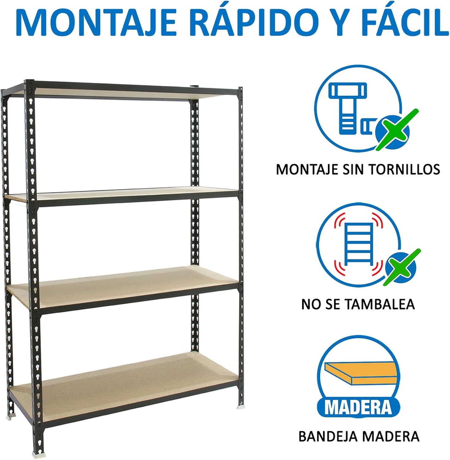 Simon Rack Scaffale Metallo Garage e 4 Ripiani, Capacità di Carico 150 kg e Punto di Flessione, 1500x1000x500 mm, Metallo, Scaffalatura per Garage, Antracite/Legno - Maderclick - immagine 5