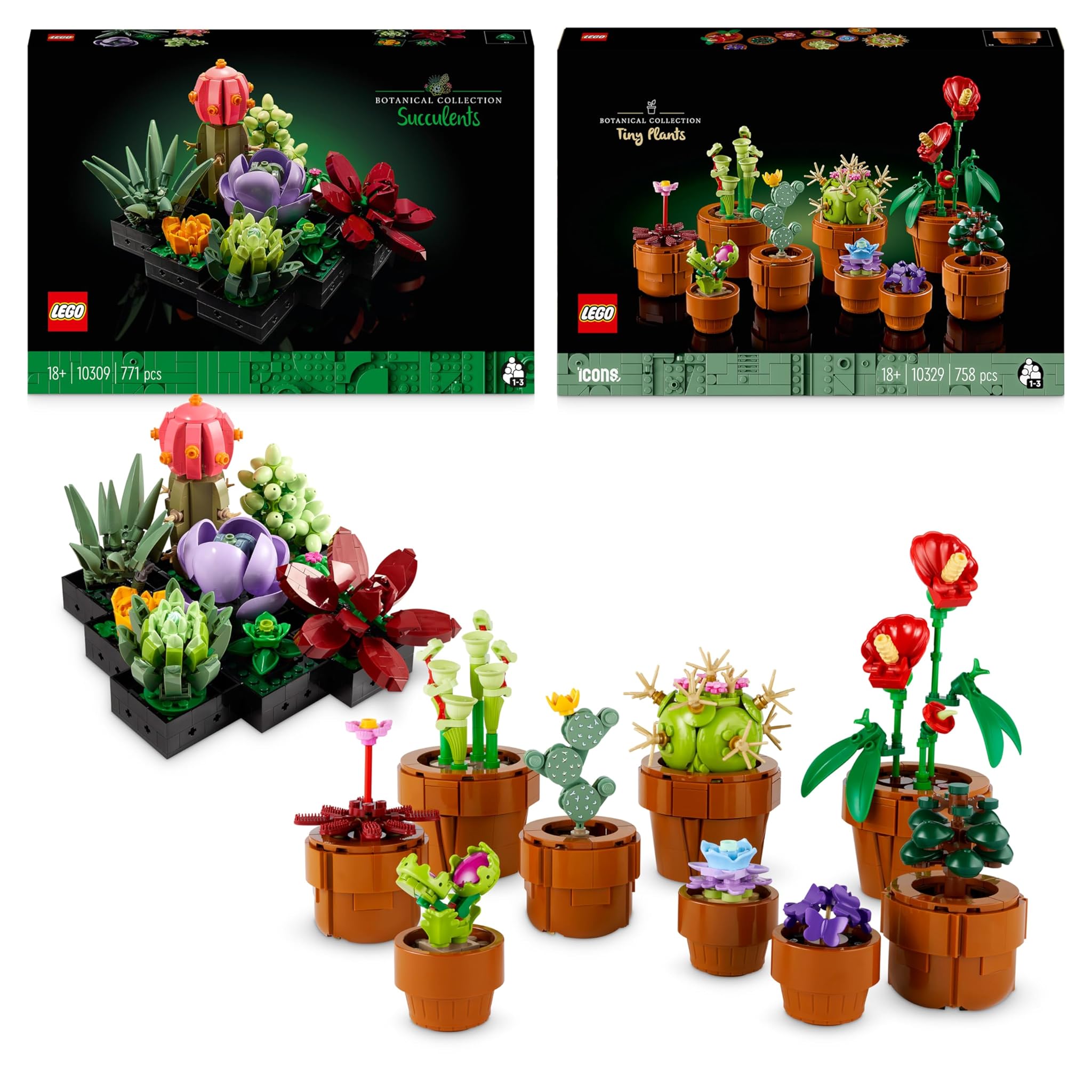 LEGO Icons Bundle Piante: Include Piante Grasse(10309) e Piantine (10329), Set Collezione Botanica con Fiori e Piante Artificiali, Artigianato per Adulti, Regalo di San Valentino per Lei o per Lui