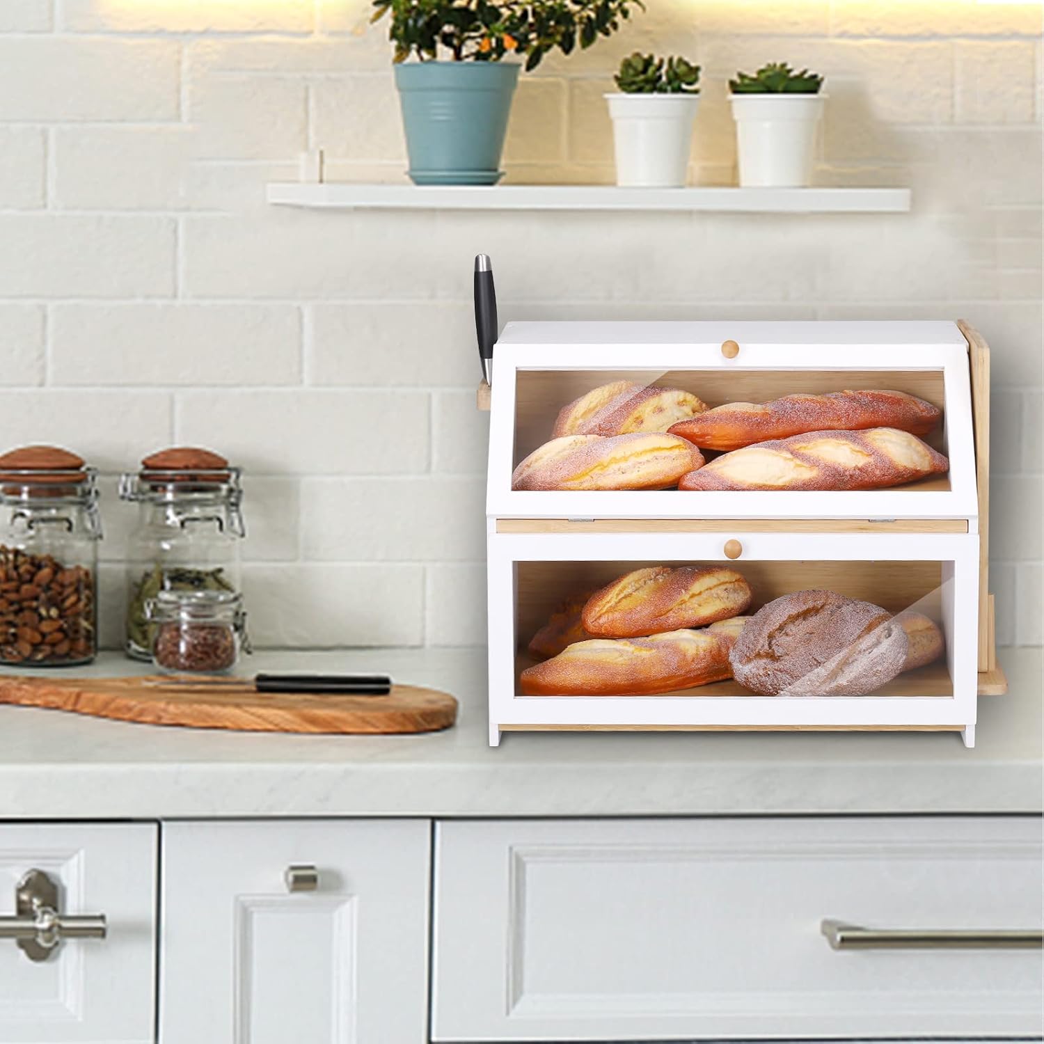 Leader Accessories Cestino Pane 2 Strati in Bambù, Bianco - immagine 3