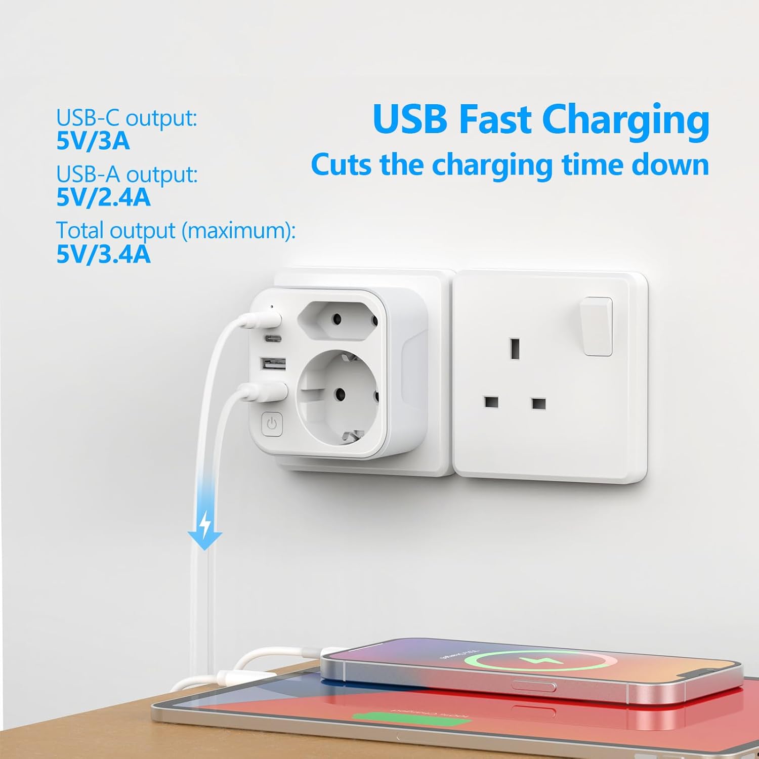 Jsver Adattatore Presa Inglese 4 Porte, Bianco - immagine 3