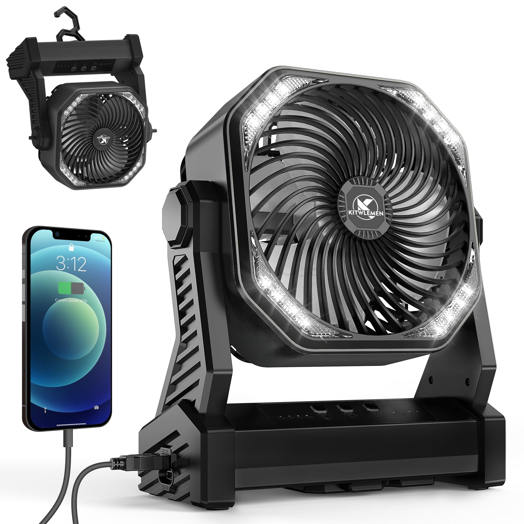 Kitwlemen Ventilatore da Campeggio LED 20000mAh, Nero