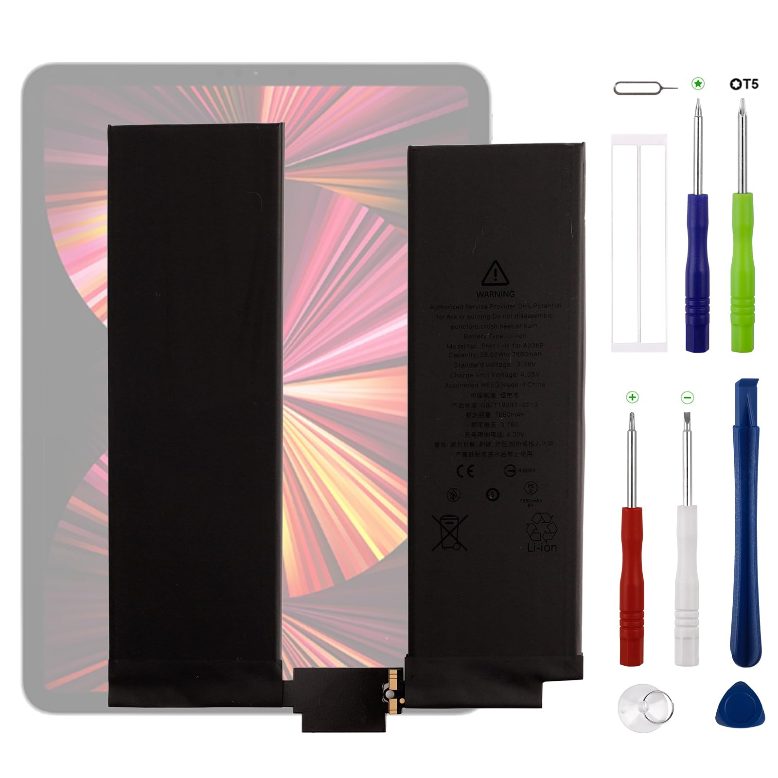 Batteria di ricambio A2369, 7680 mAh, compatibile con iPad Pro 11" 2021, 2022, 4th Gen per iPad Pro 11, 3rd Gen 2021, serie A2377, A2460, A2459, A2301, con kit di strumenti di riparazione