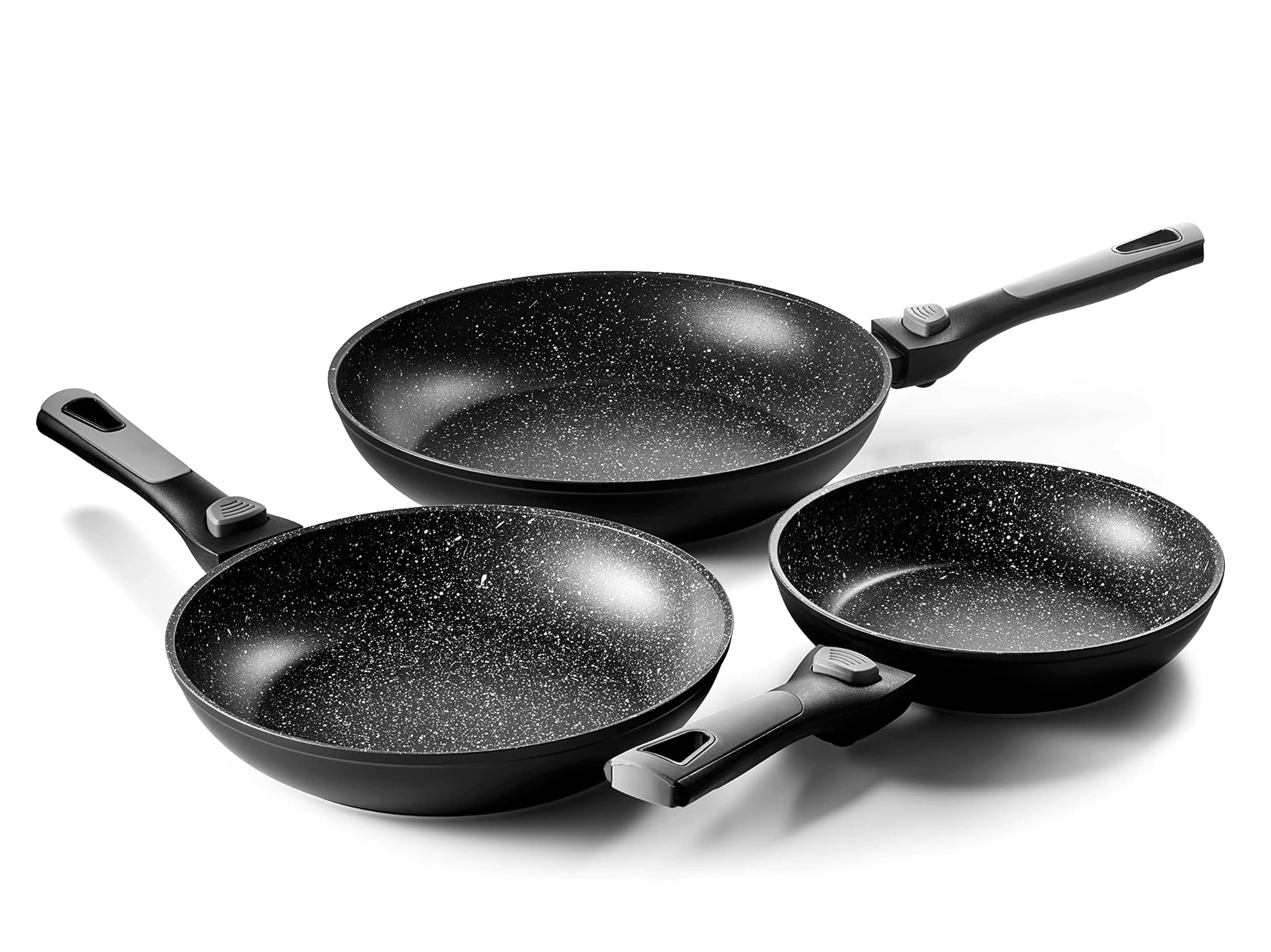 Pradel - Set di 3 padelle con maniche rimovibili, in pietra, colore: Nero