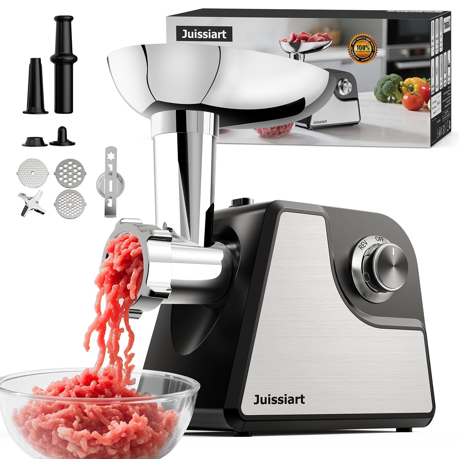 Tritacarne Elettrico Juissiart 2400W Max, Nero Acciaio Inox