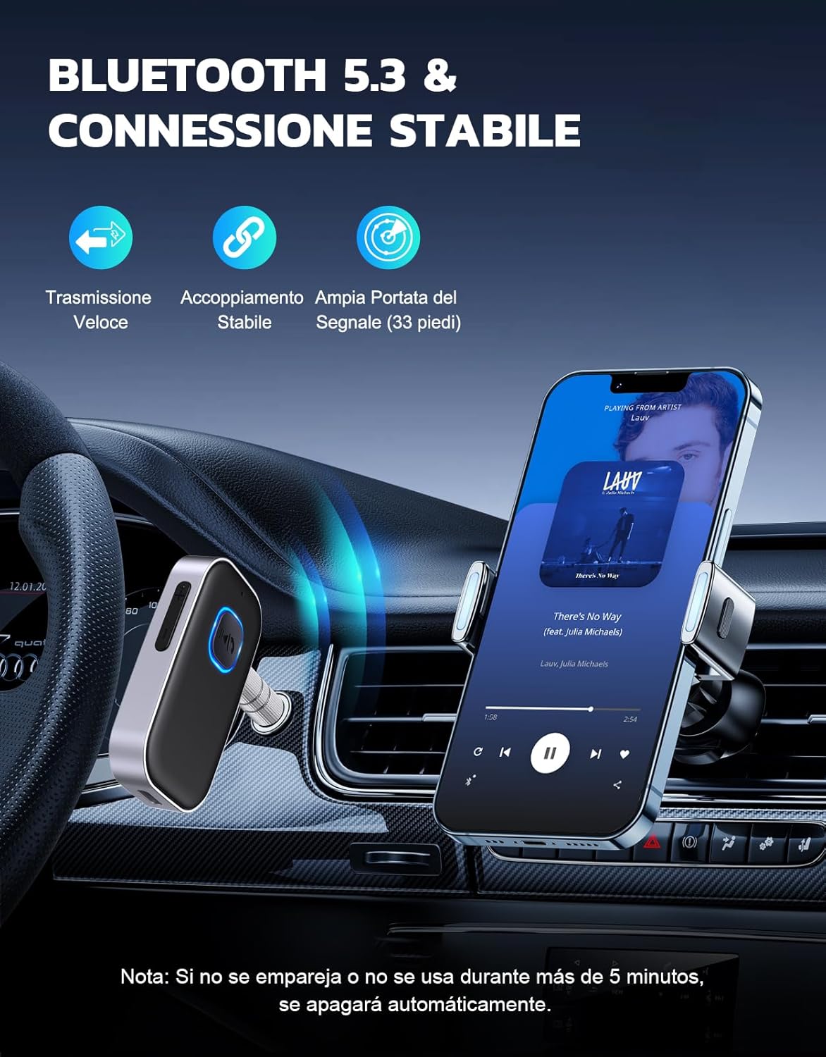 Glangeh Ricevitore Bluetooth 5.3 Auto Aux - Argento - immagine 3