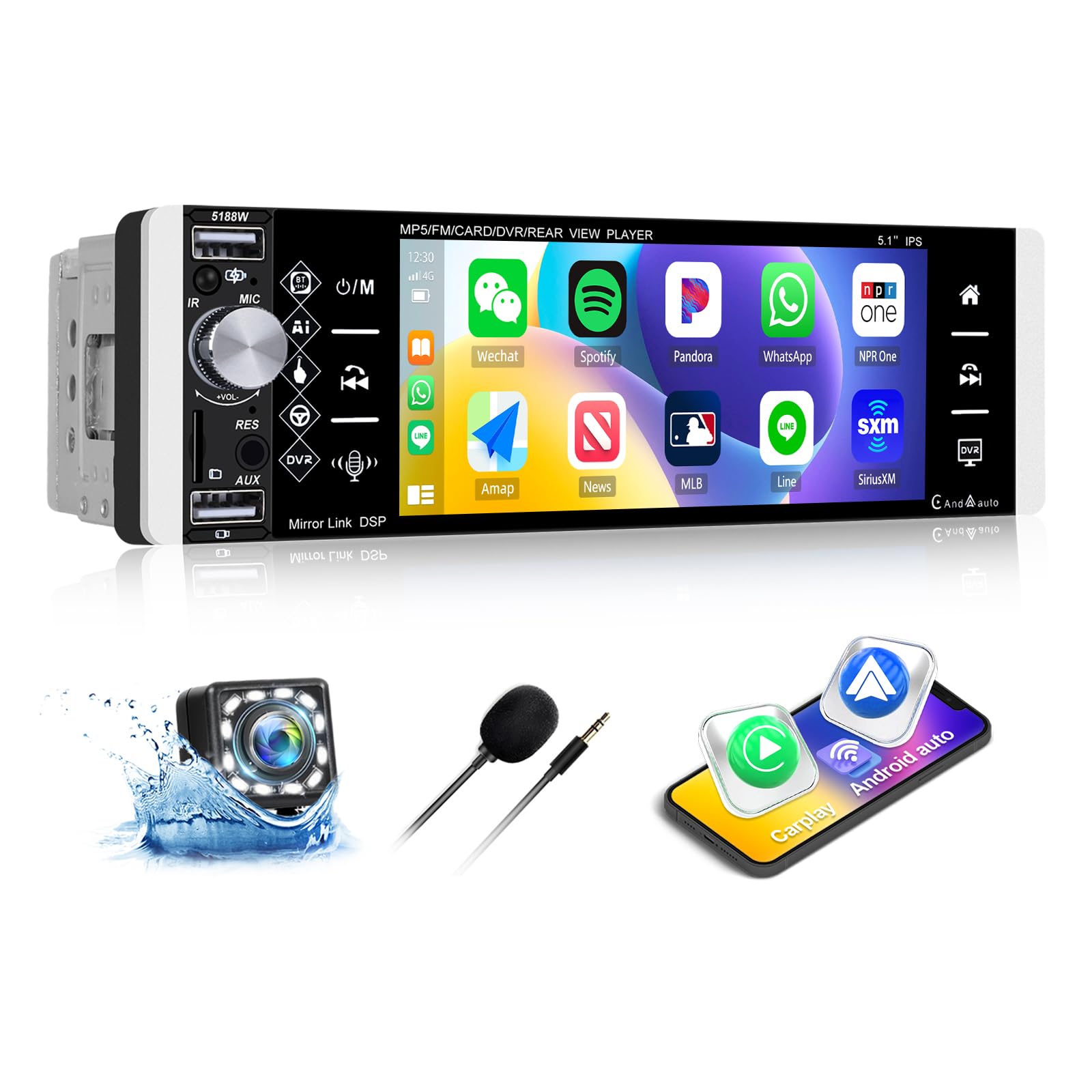Sixwin 1 Din Autoradio Wireless CarPlay Android Auto 5''