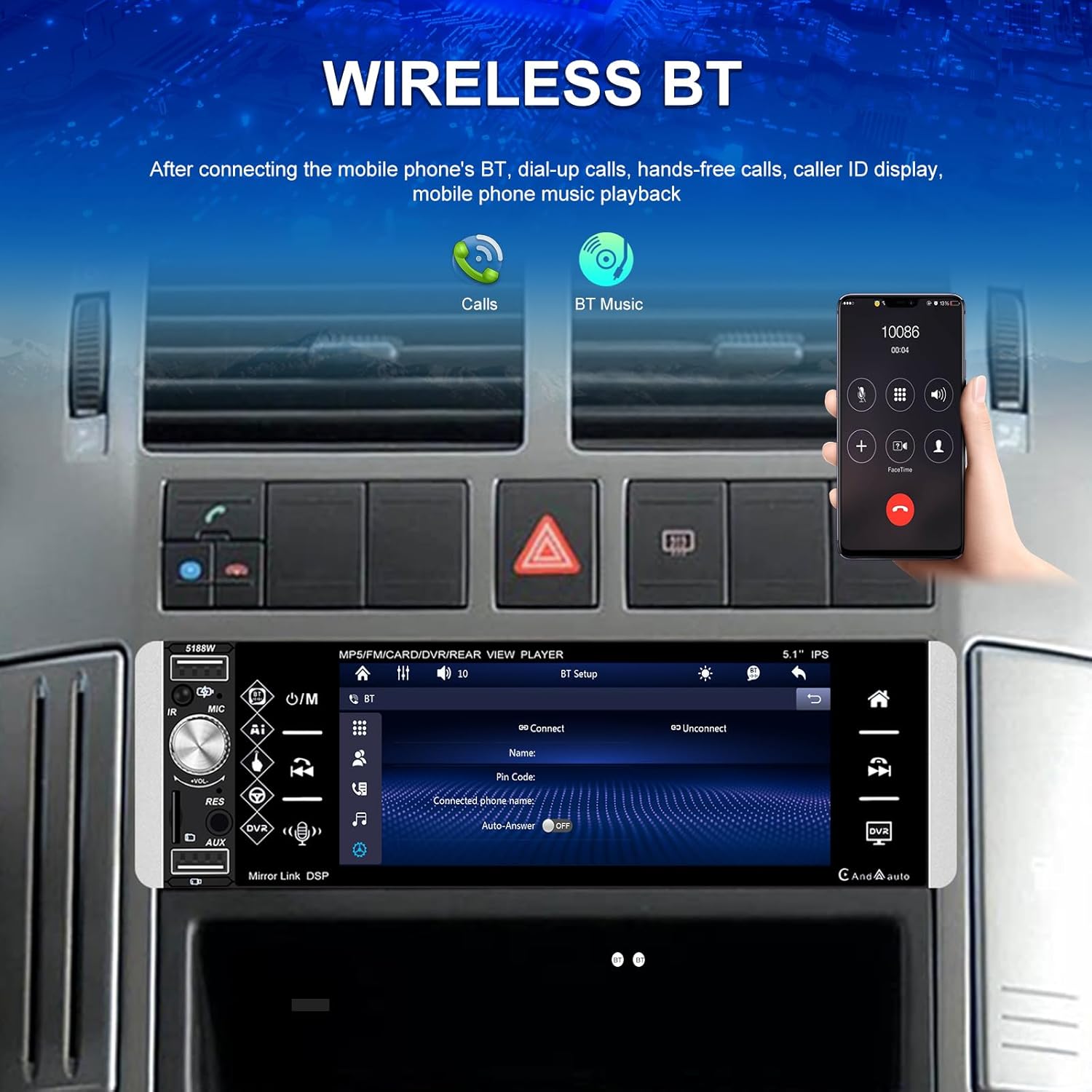 Sixwin 1 Din Autoradio Wireless CarPlay Android Auto 5'' - immagine 4