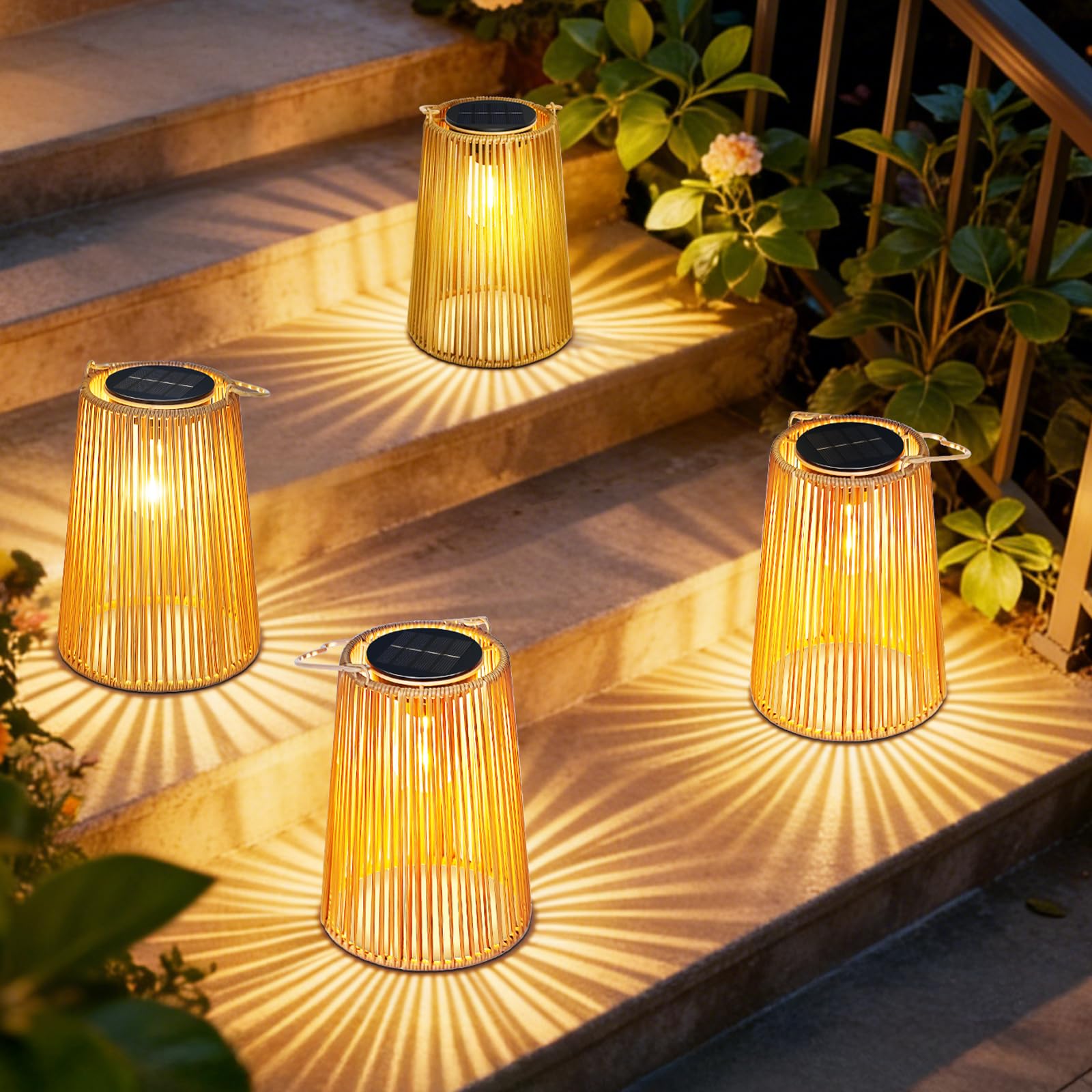 Set 4 Lanterne Solari da Esterno in Rattan, LED Impermeabili