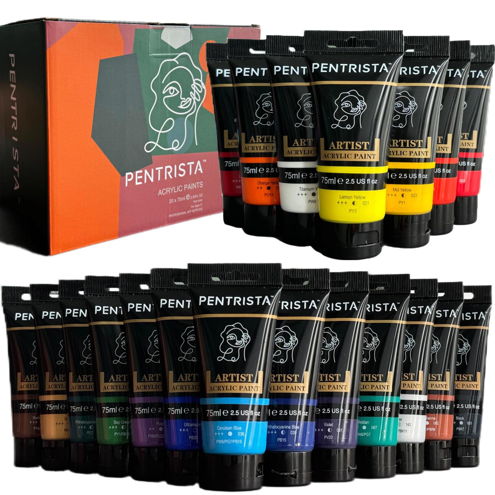 Pentrista Set Colori Acrilici Professionali 20 Tubetti 75ml