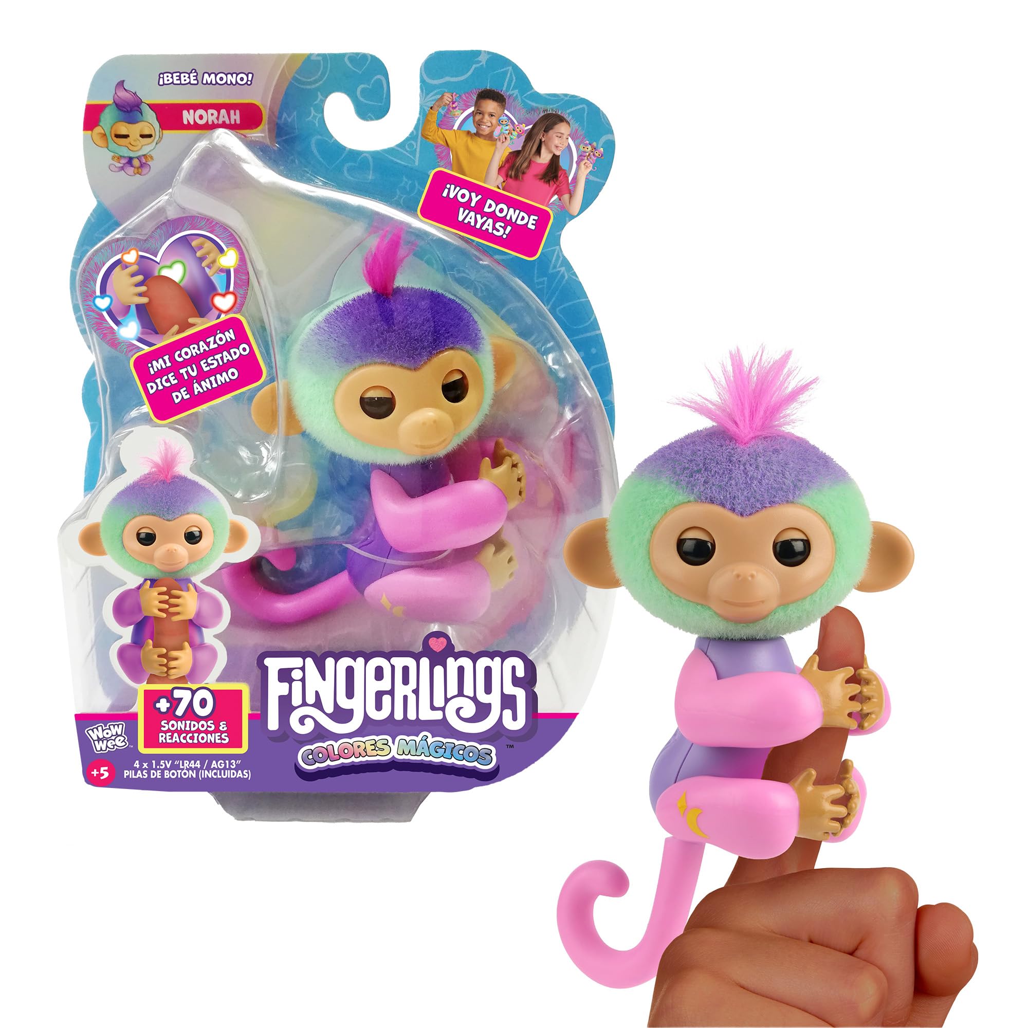 Bizak Fingerlings - Colori magici Norah, Animale domestico interattivo multicolore con +70 suoni e movimento, reagisce al tocco, si attacca al dito, giocattolo per bambini dai 3 anni (61853181-2)