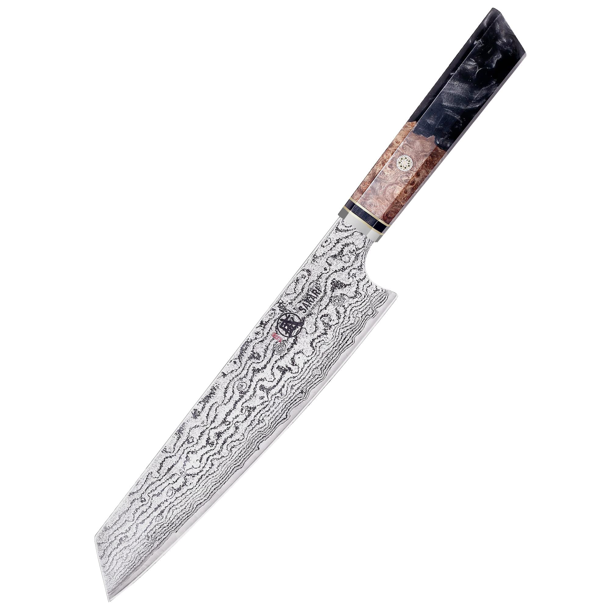 MITSUMOTO SAKARI 22 cm Coltello Kiritsuke da Cucina in Acciaio AUS-10 Damasco, Coltelli da Cucina Professionali Forgiato a Mano (Manico In Legno Di Melograno Shadowwood e Confezione Regalo)