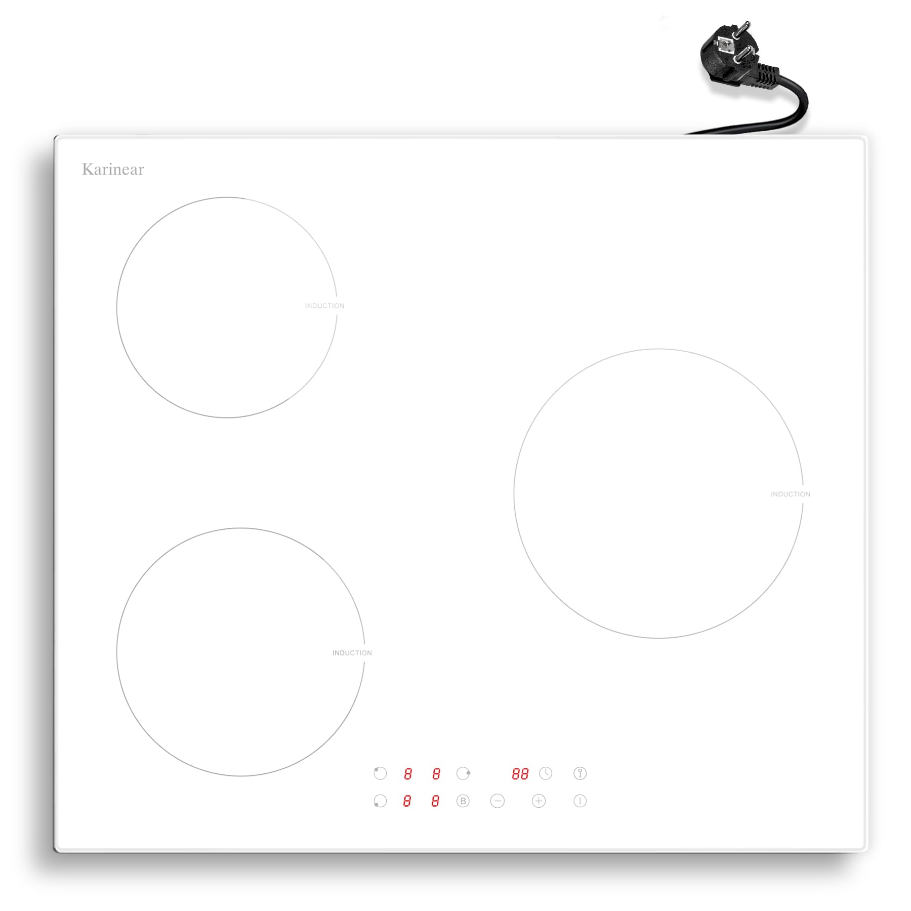Karinear Piano Cottura Induzione 3 Fuochi, 60cm Piastra Induzione Elettrico 3500W, Piani Cottura con Spina, 9 Power Comandi Toccare, Blocco di Sicurezza, Timer Lock, Booster, Bianco
