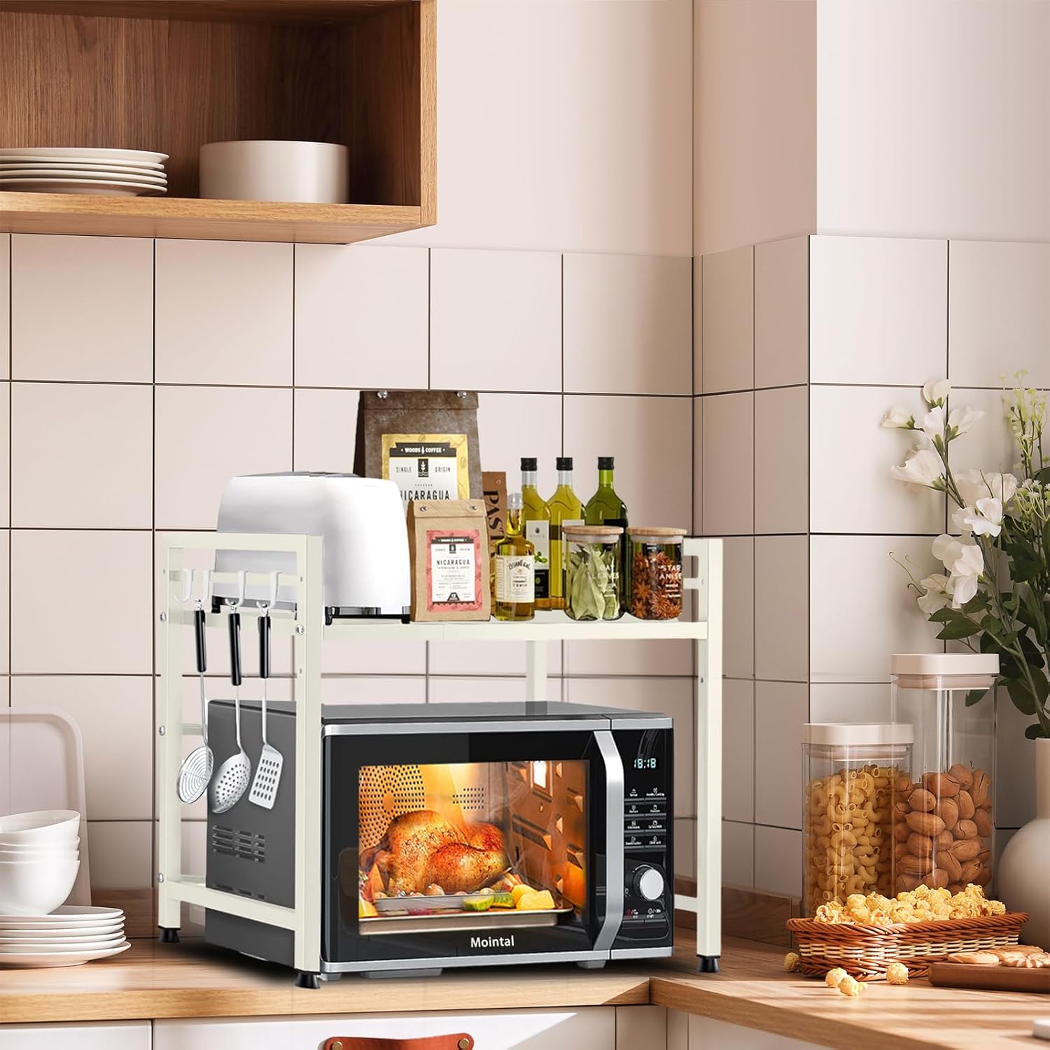 Scaffale Estensibile per Microonde 2 Livelli, Bianco - immagine 2