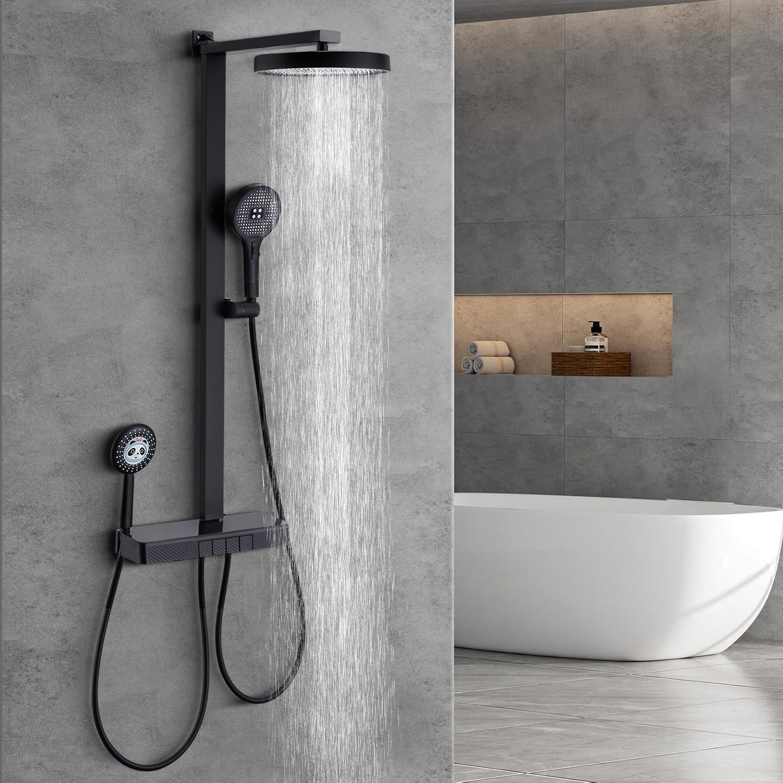 Homelody Set Doccia Termostatico Nero con Ripiano 400mm