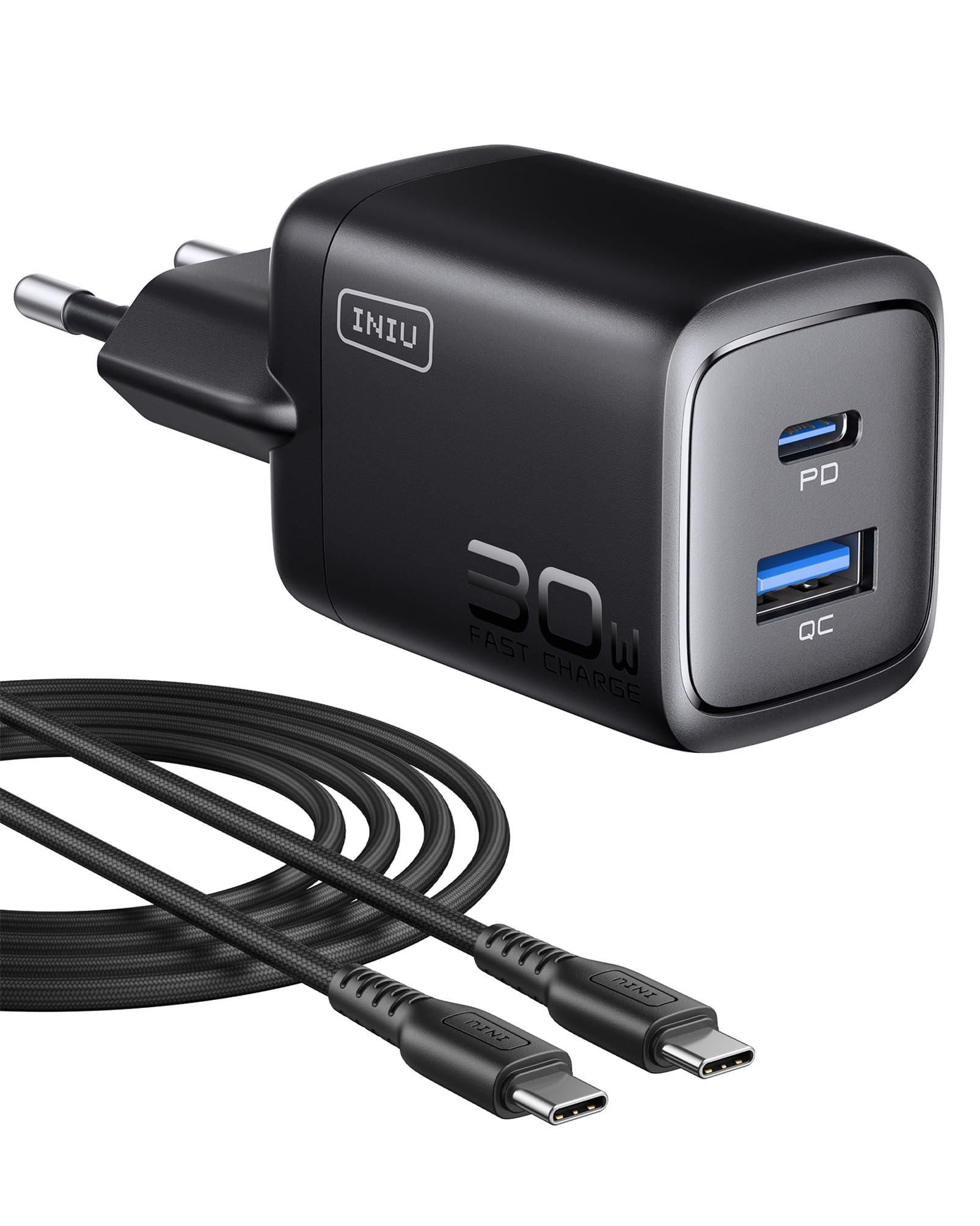 Iniu 30W Caricatore USB C PD 2 Porte GaN con Cavo
